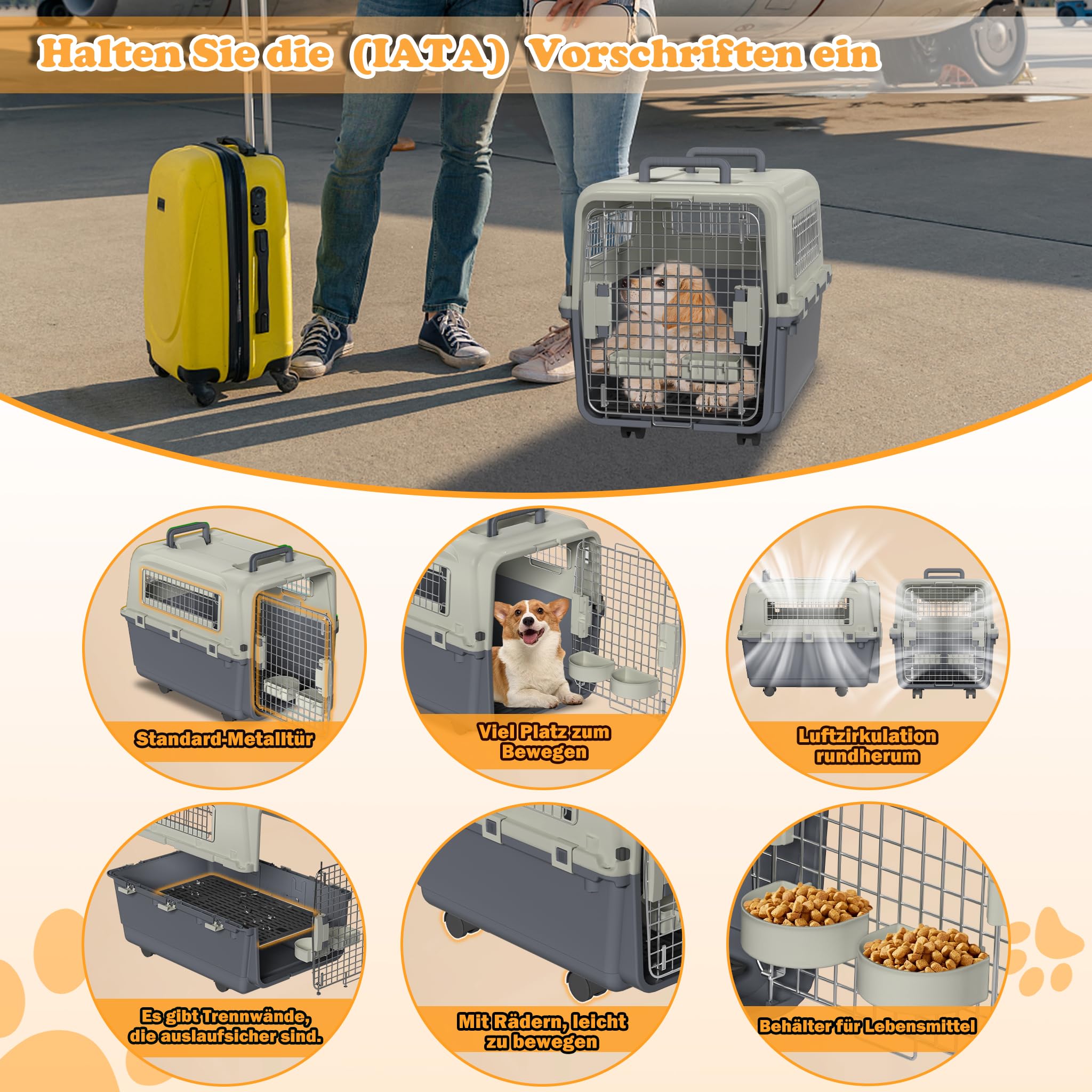 Trasportino per cani con ruote di trasporto, trasportino per gatti, in plastica, con porta di ventilazione, grande trasportino per cani (67 x 51 x 58,5 cm)