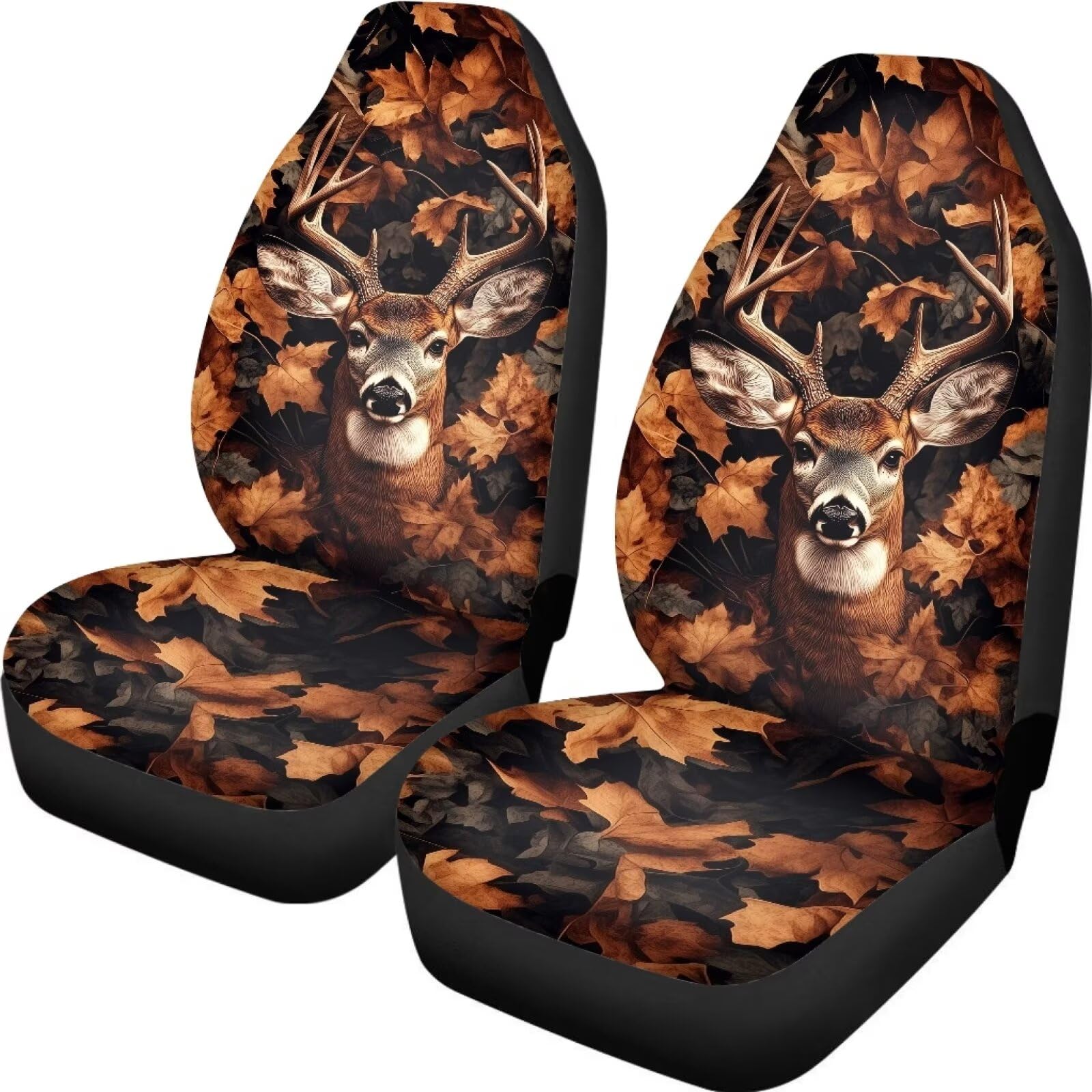 Forest Maple Leaf Elk Print Car Front Seat Covers 2 Pcs Automotive Seat Protector Breathable Washable Auto Interior Decor Universal Fit Vehicles Sedan SUVs