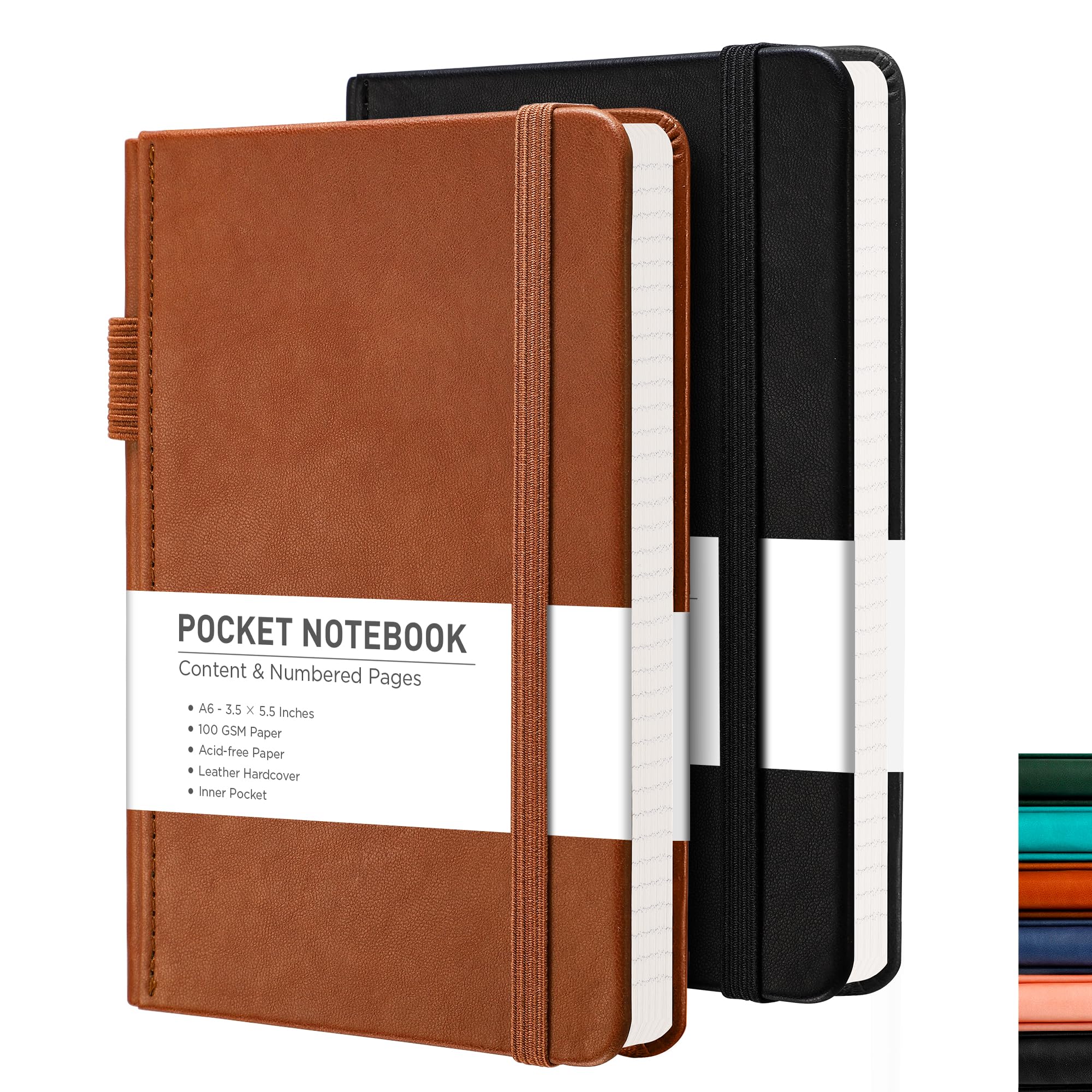 RETTACY Pocket Journal Notebook, 2 Pack, 160 Pages Per Pack, Ruled A6 Mini (3.5" x 5.5") for Work, Journal, Leather Hardcover, 100GSM Cardboard (Black & Brown)