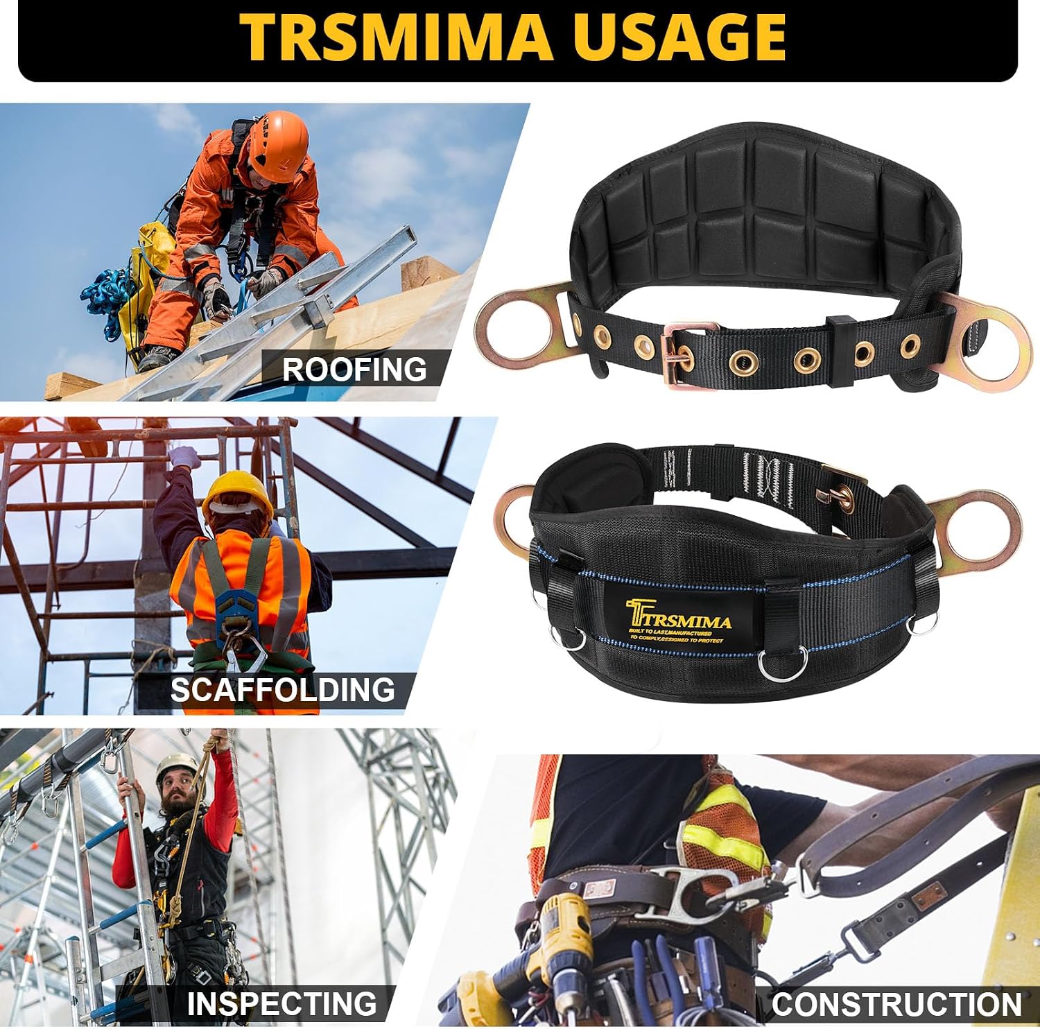 TRSMIMA Safety Harness Climbing Belt - Black Body Fall Protection Men Roof Tree Work Waist-Tongue Buckle Pad D-Ring