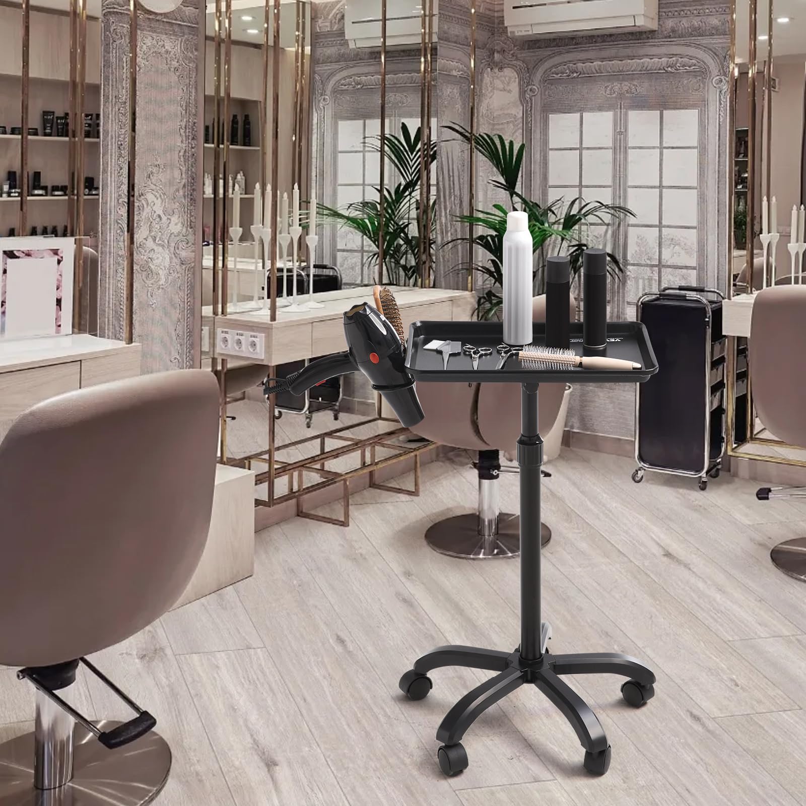 VEVOR Chariot de plateau de salon réglable en hauteur 30"-43", plateau de tatouage roulant en plaque laminée à froid, 5 roues (2 verrouillables), noir
