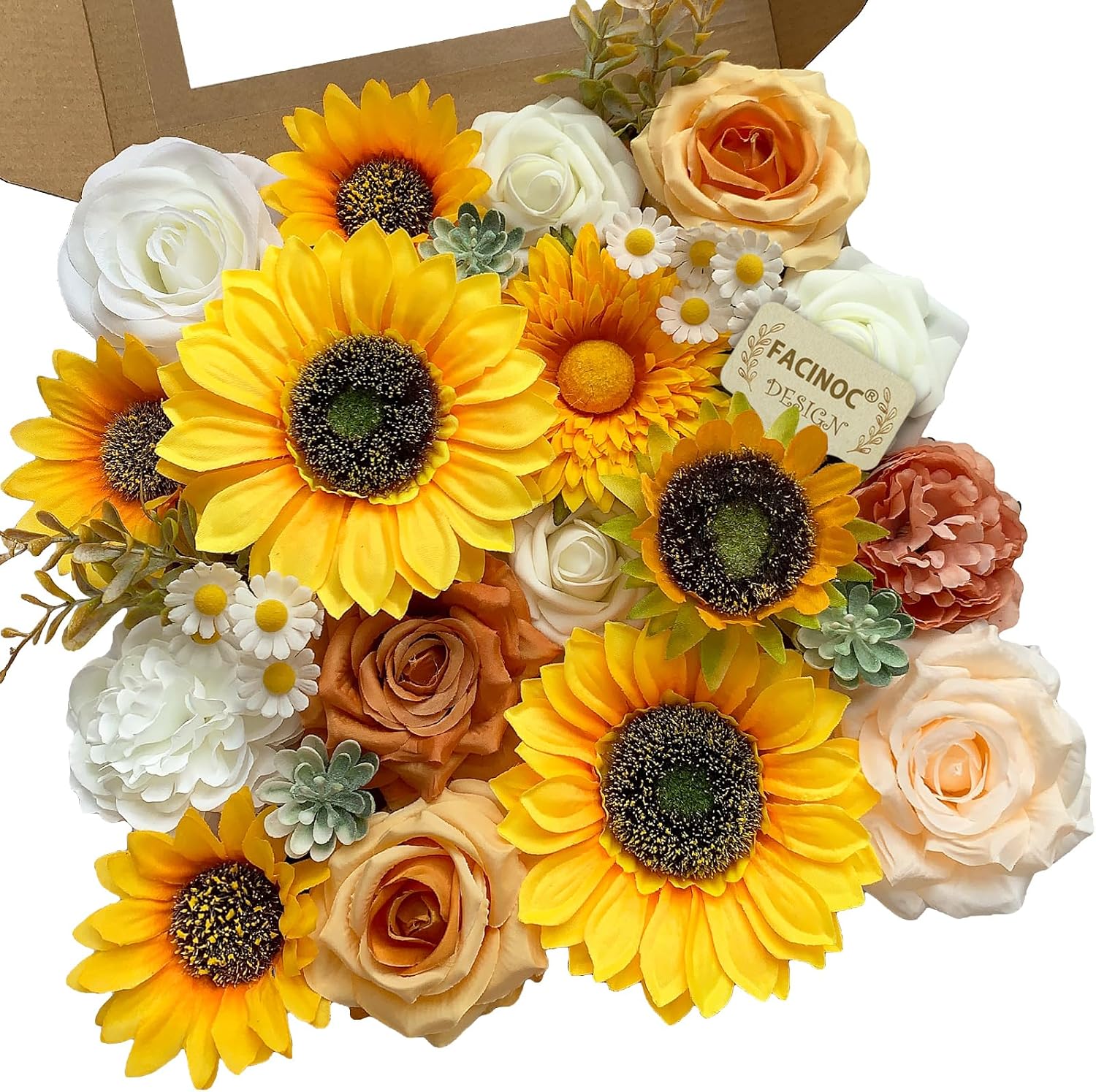 FACINOC Sunflower Artificial Flowers Yellow Fake Flower Bouquet Box Set for DIY Bridal Wedding Shower Decorations Party Table Centerpieces Cake Decorating Silk Floral Arrangement for Home Decor Indoor
