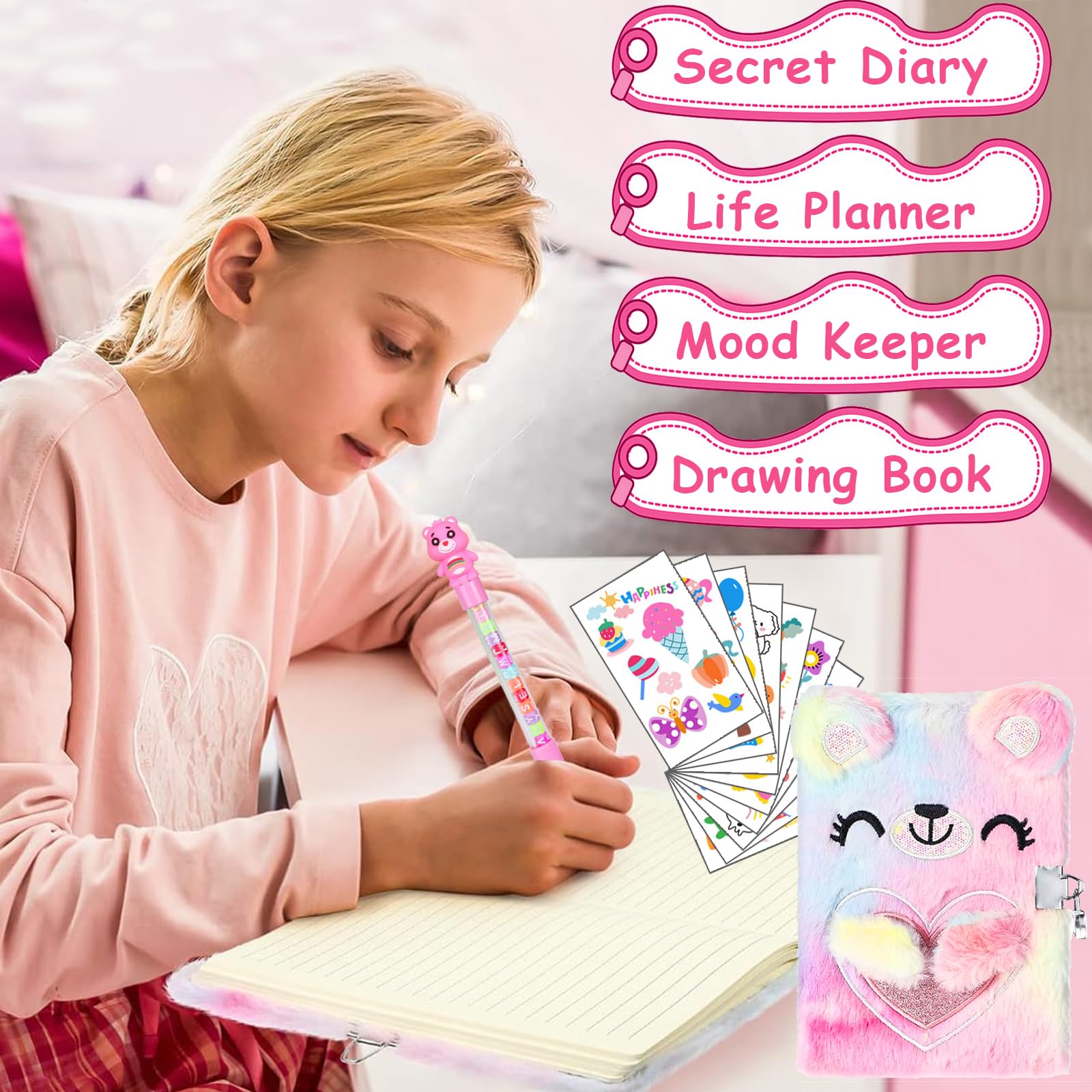 Journal Intime A5 Avec Cadenas Pour Fille - Couverture Peluche Chat - Inclut Stylo, Stickers, Trousse - Cadeau Anniversaire Noël - 10