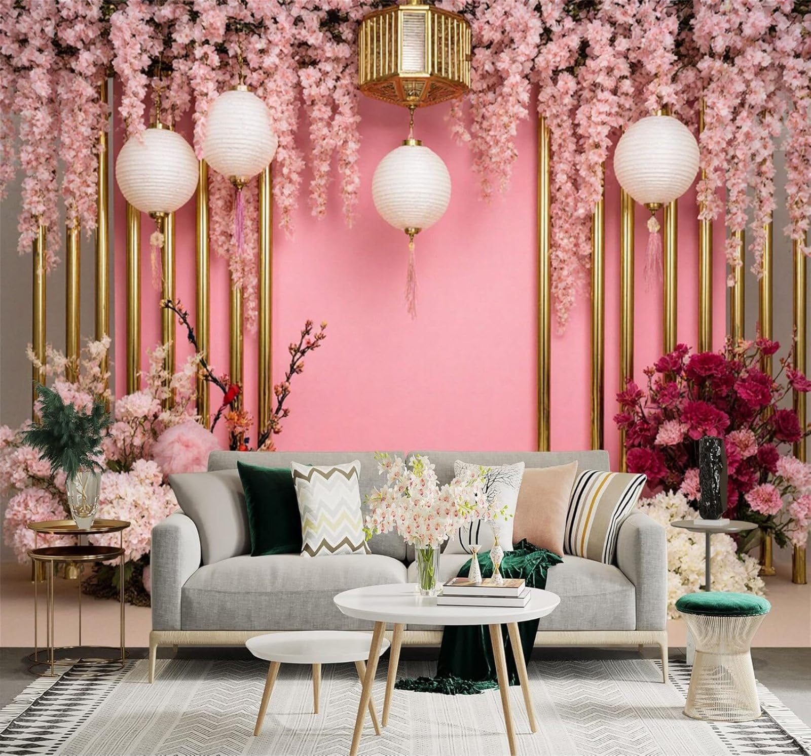 XLMING Pink Cherry Blossoms Paper Lanterns Golden Pillars 3D Wallpaper Premium Textured Silk Study Dining Living Room Bedroom Sofa TV Wall Easy Install-250cm×170cm