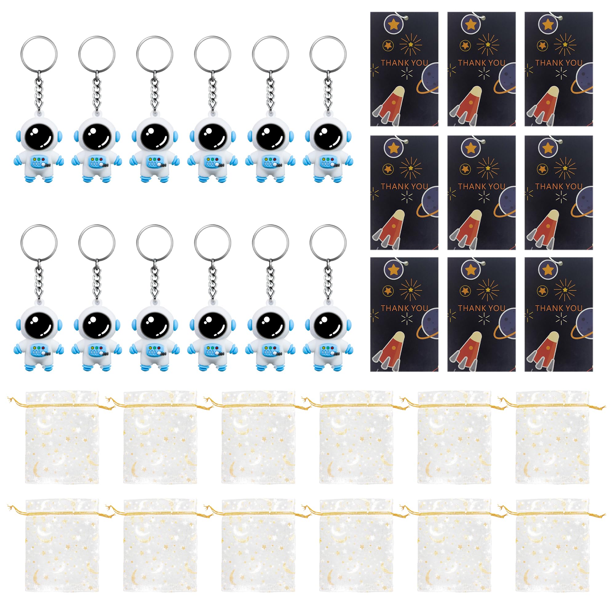 KAIX Astronaut Space Party Favors, Cute Astronaut Space Keychain Party Favors 12 Sets with Thank You Tags And White Organza Bags for Birthday Party Baby Shower Holiday