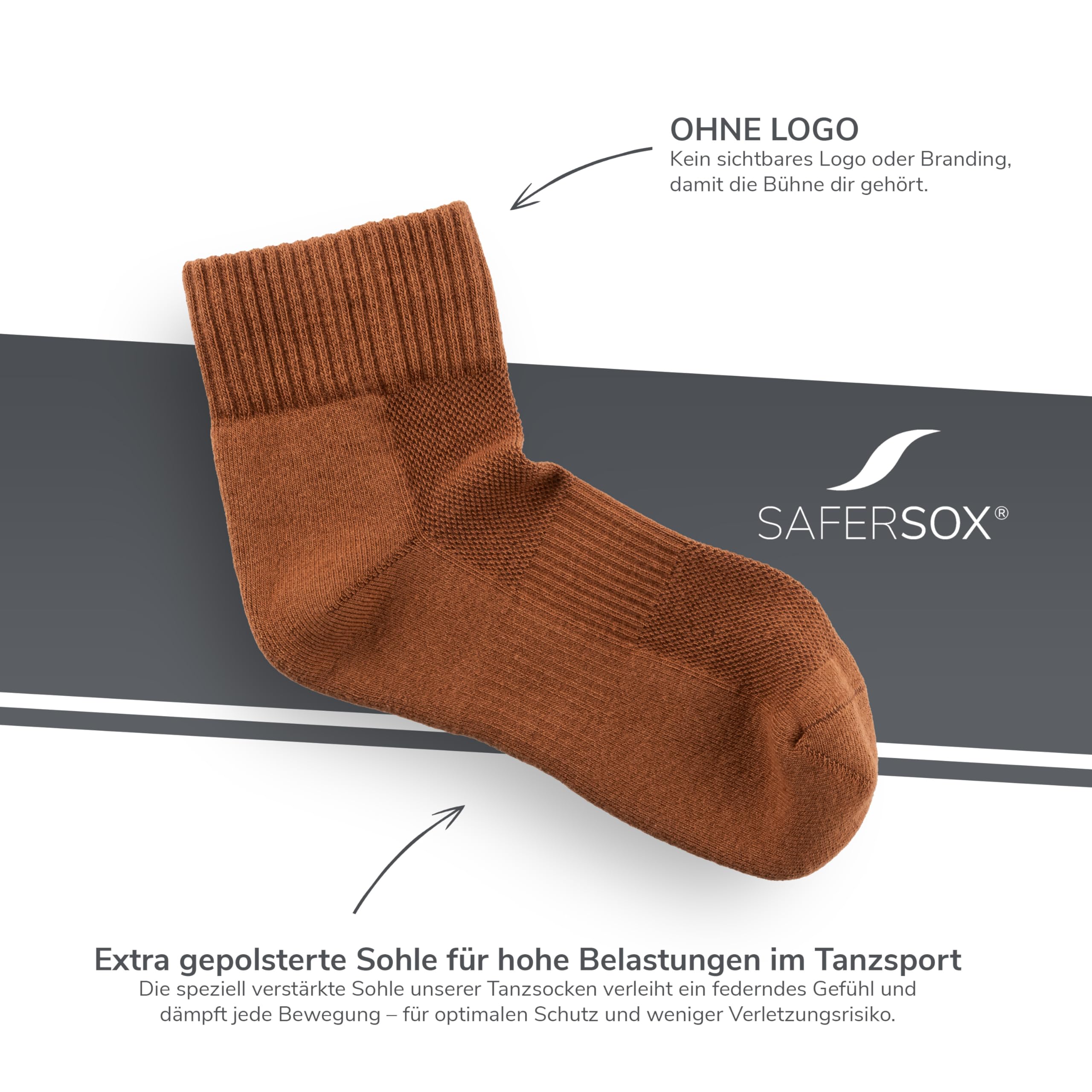 Safersox Tanzsocken kurz, 3 Paar, Hautfarbe Cacao, Damen & Herren, 43-46