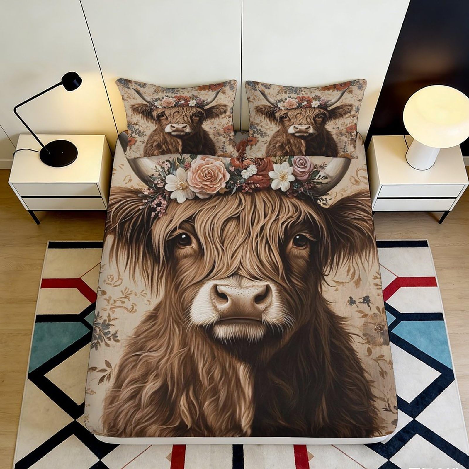 3D Printed Highland Cow Floral Fitted Sheet Microfiber Soft Brown Mattress Cover for Bedroom Dorm Decorative Protection 140x200x25cm