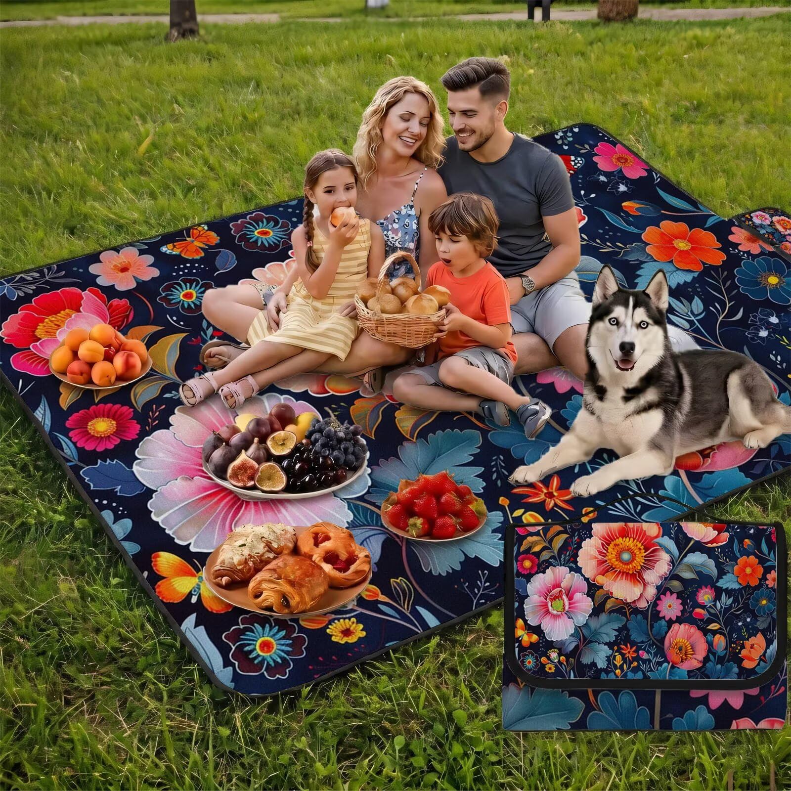 Couverture Pique Nique Grande 200x300cm,Outdoor Couverture Imperméable,Pliable Tapis de Plage Dos en PVC Anti-Sable,Picnic Blanket pour Camping Accessoires,Jardin,Parc - Rose,chrysanthème UZ-979