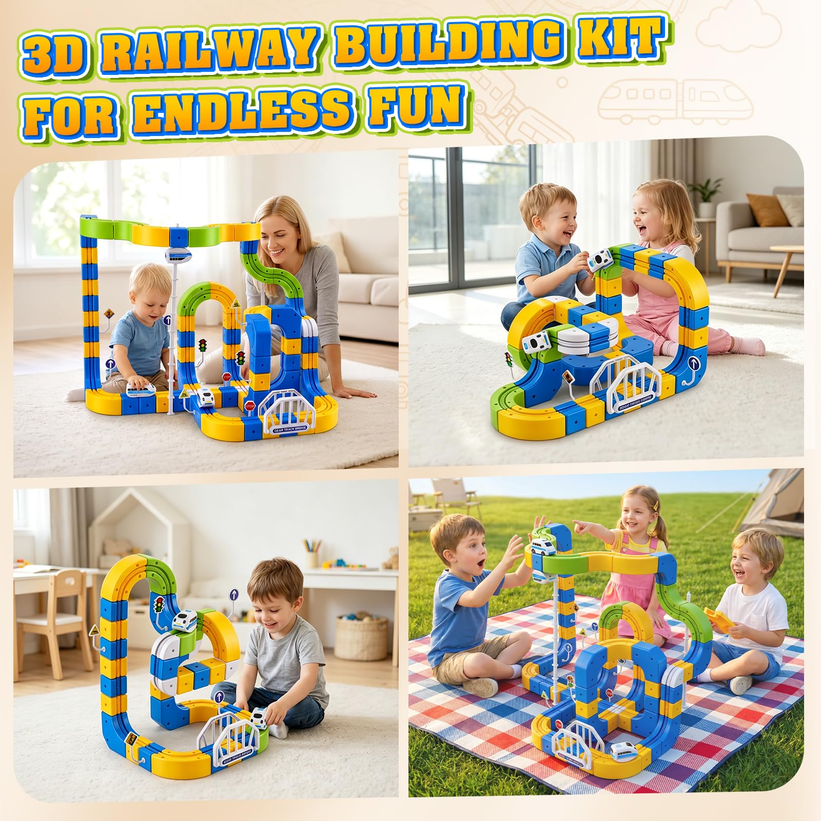 Set di trenino elettrico Click-Rail da 225 pezzi con 2 trenini più piccoli, binari flessibili, trenino a blocchi cubi fai-da-te con tracciati 3D che sfidano la gravità, ferrovia e blocchi magici