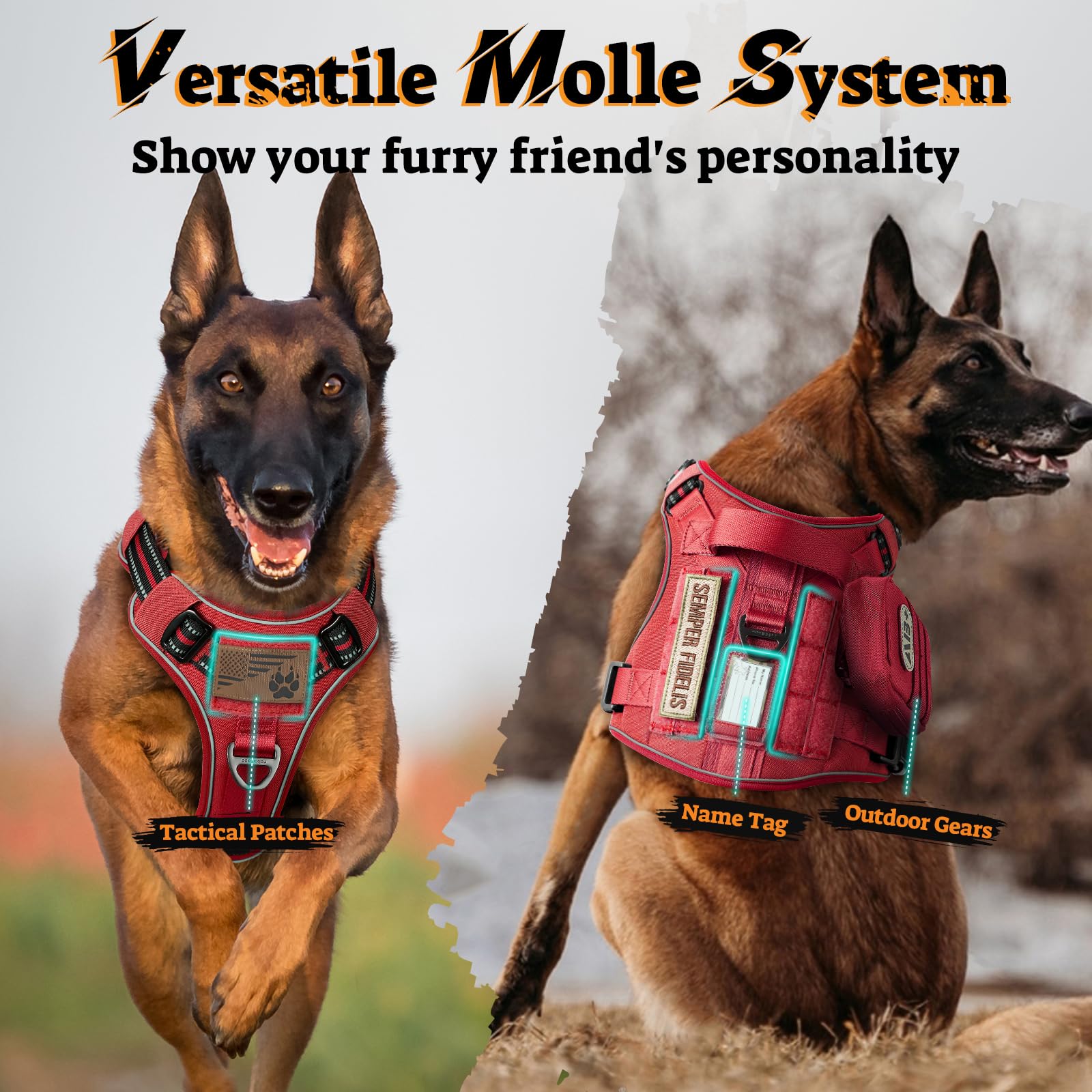 rabbitgoo Harnais pour chiens de grande taille, anti-traction, gilet tactique avec Molle et poignée de contrôle, harnais militaire réglable et réfléchissant pour une promenade et un dressage faciles,