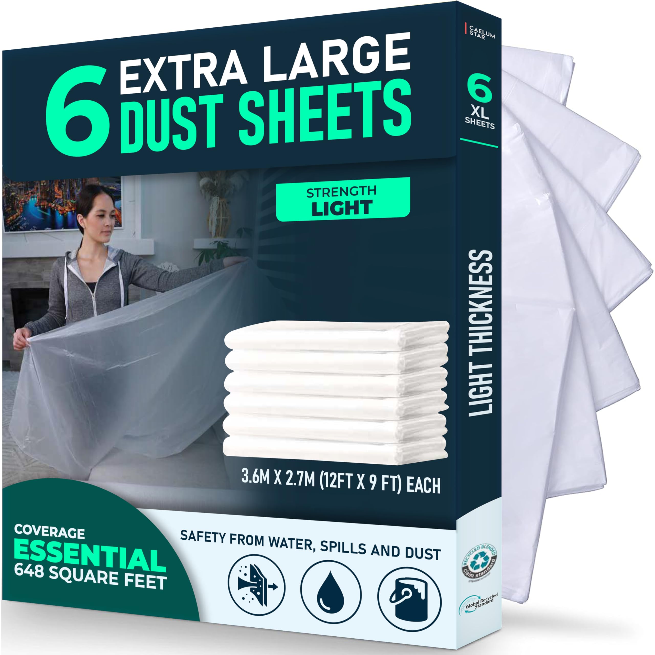 CS 6 Pack Plastic Dust Sheets for Decorating 3.6 x 2.7m (12x9 ft), Extra Large Dust Sheets for Painting, Clear Plastic Sheet Polythene Sheeting Painting Tools, Decorating Tools, Home Improvement