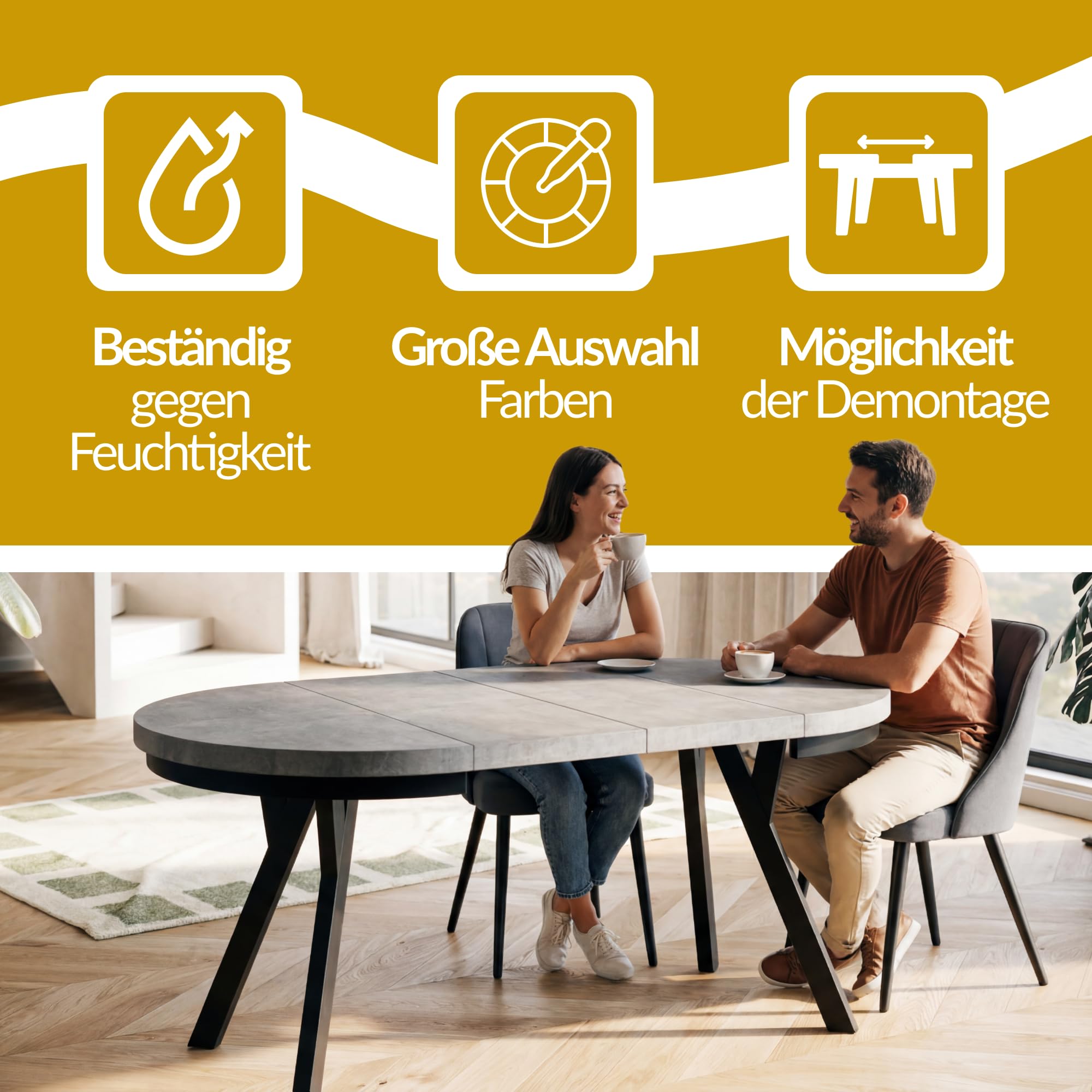 Esstisch Ausziehbar Evo, Stabile Konstruktion, 120-220cm, Graphit | Runder Tish, Moderner Wohnzimmertisch und Küchentisch, Schwarze Beine
