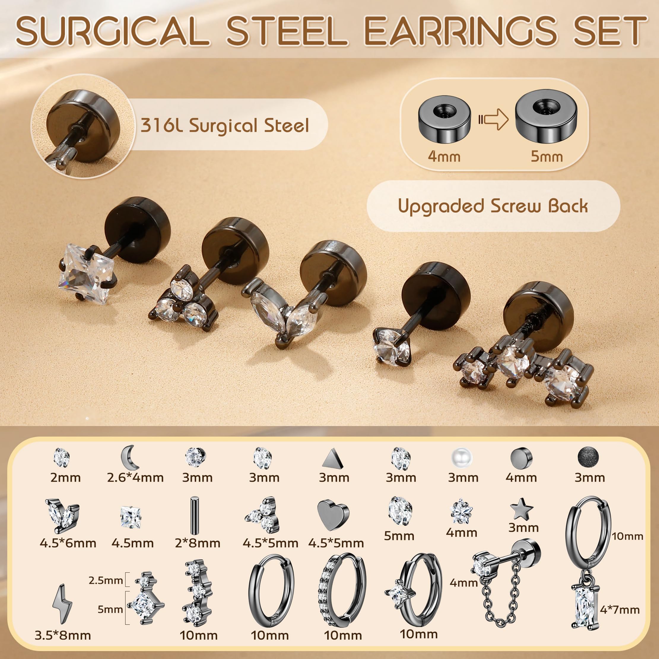 HHRFCS 25 sztuk Hipoalergiczny Helix Piercing Biżuteria Tragus Conch Piercing Biżuteria Daith Złoto Srebro Hoop Kolczyki na chrząstkę Płaski tył Zestaw kolczyków sztyftowych Ze stali chirurgicznej