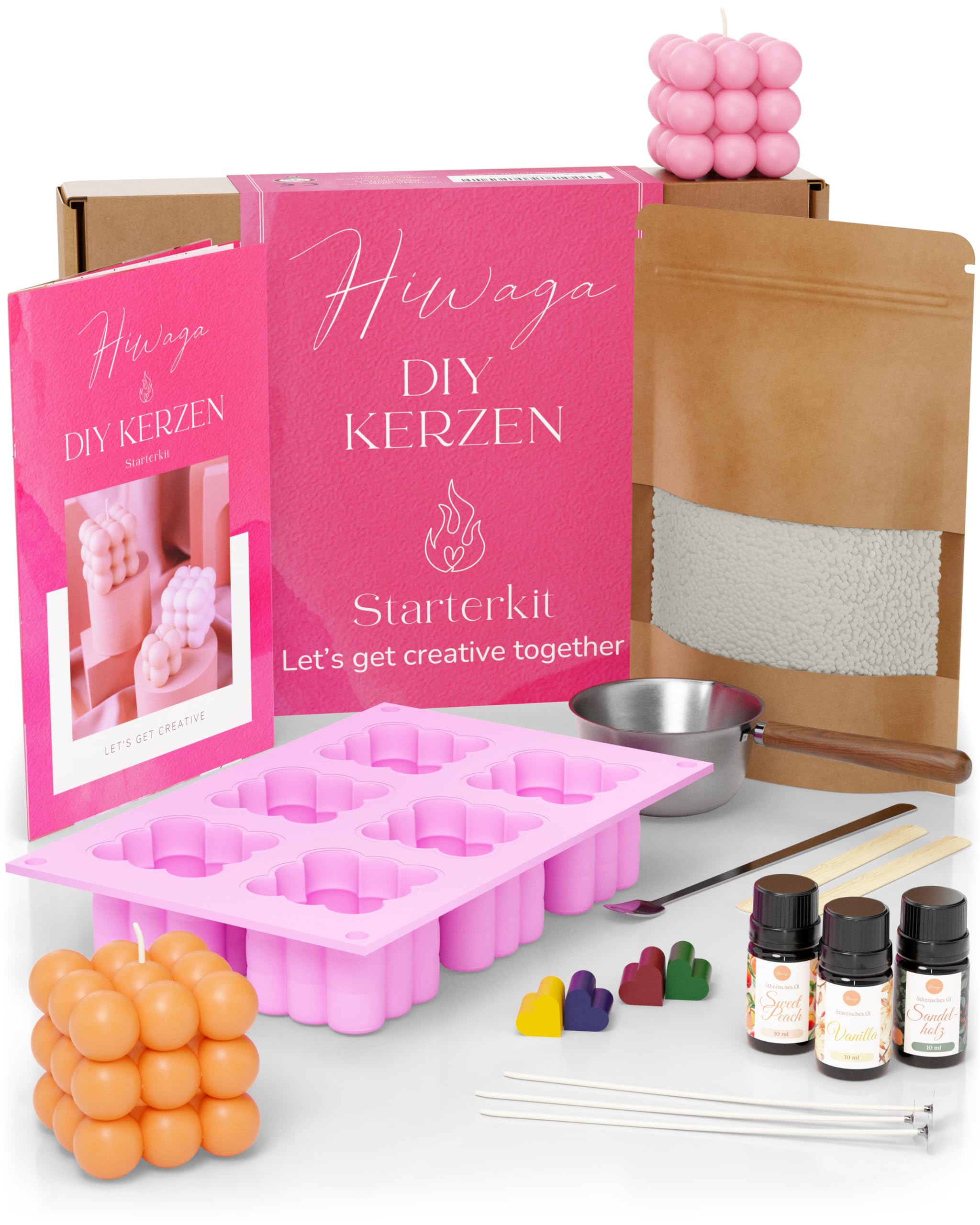 Hiwaga DIY Kerzen selber machen Set für Erwachsene, Starterkit für kreative Kerzenherstellung, Kerzen gießen Set Erwachsene, DIY Komplettset inkl. Rohwachs, Farben, Duftöle und Silikonform
