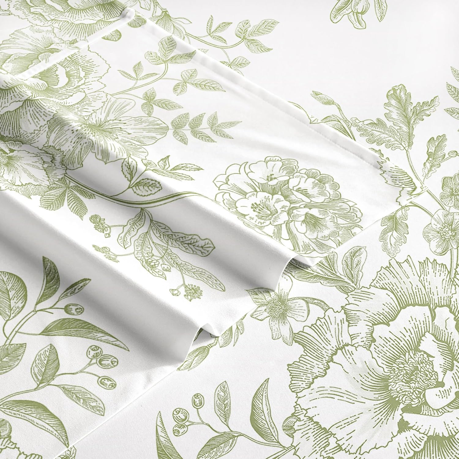 Wake In Cloud - Floral Bed Sheets, 4-Piece Sheet Set, Shabby Chic Cottagecore Coquette Style with Vintage Flower Pattern Printed Bedding, Deep Pocket, Green White, Queen Size