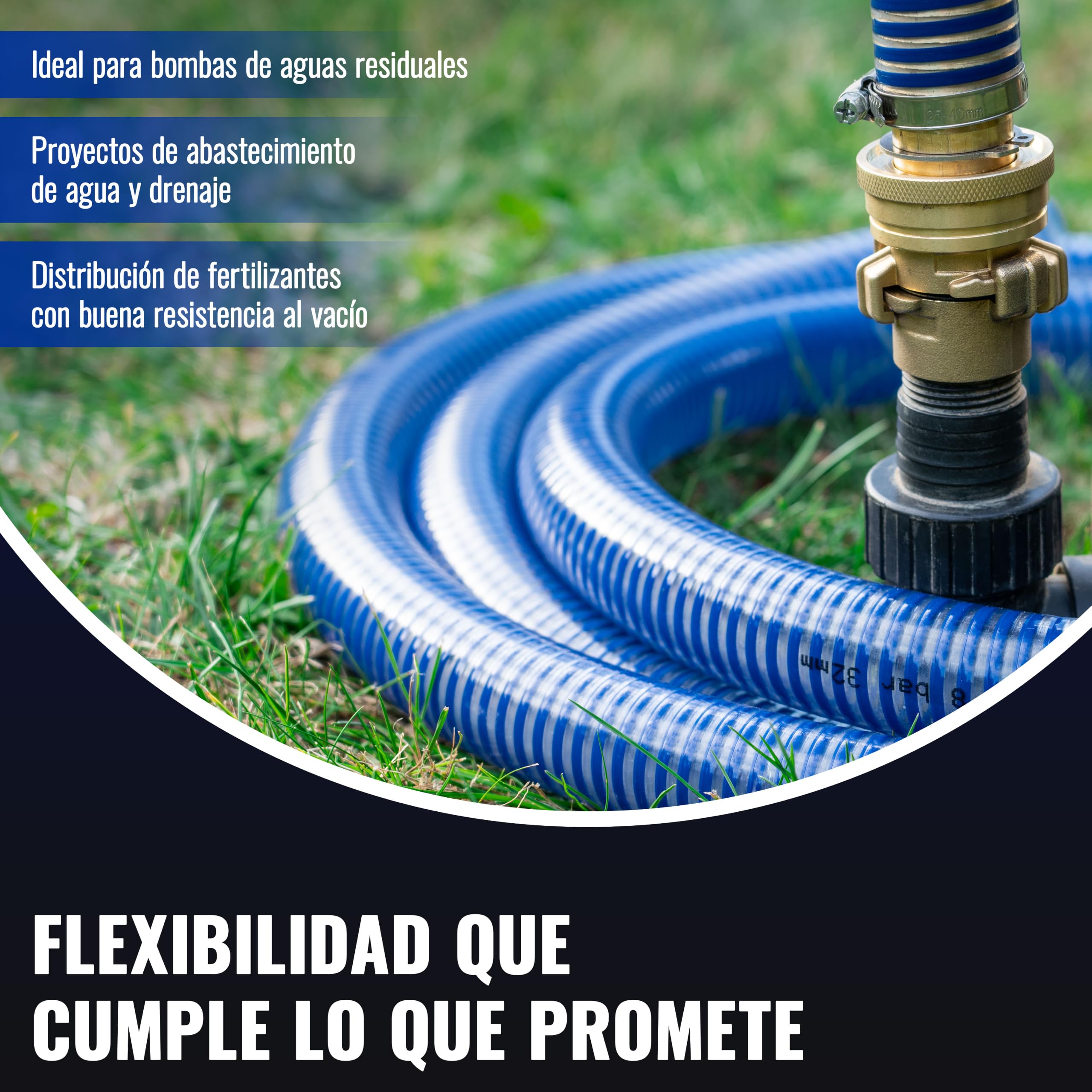 Poppstar PVC Manguera de aspiración 1" Manguera de succión para agua (20m diámetro interior 25mm / diámetro exterior 32mm, hasta 8 bar) resistente a rayos UV, resistente al vacío y a la presión