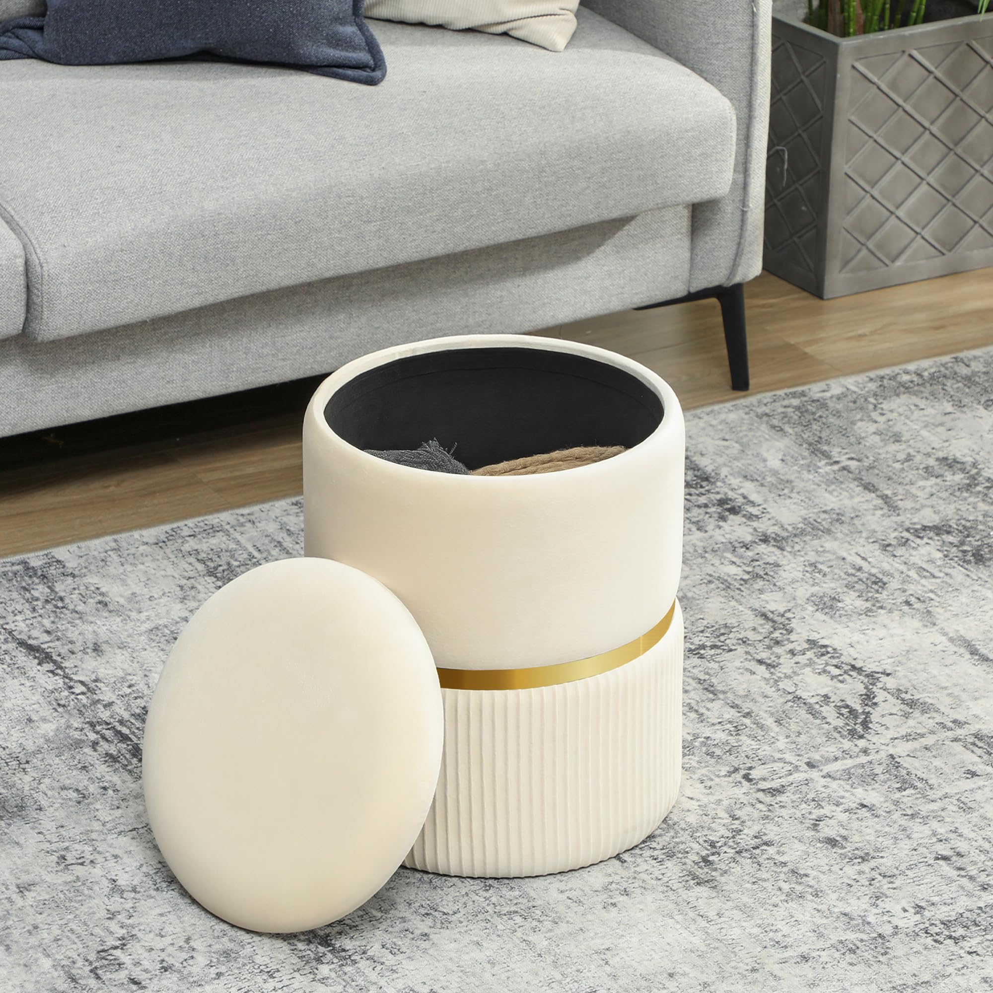 HOMCOM Pouf Tabouret Repose-Pied, Coffre de Rangement, en Velours Côtelé, Design Moderne, 36 x 36 x 44 cm, pour Salon, Chambre, Beige