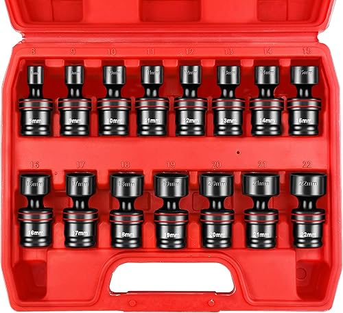 WETT Juego de 15 piezas de enchufes de impacto universales de 3/8" de profundidad, juego de enchufes giratorios métricos (8-22mm), enchufes