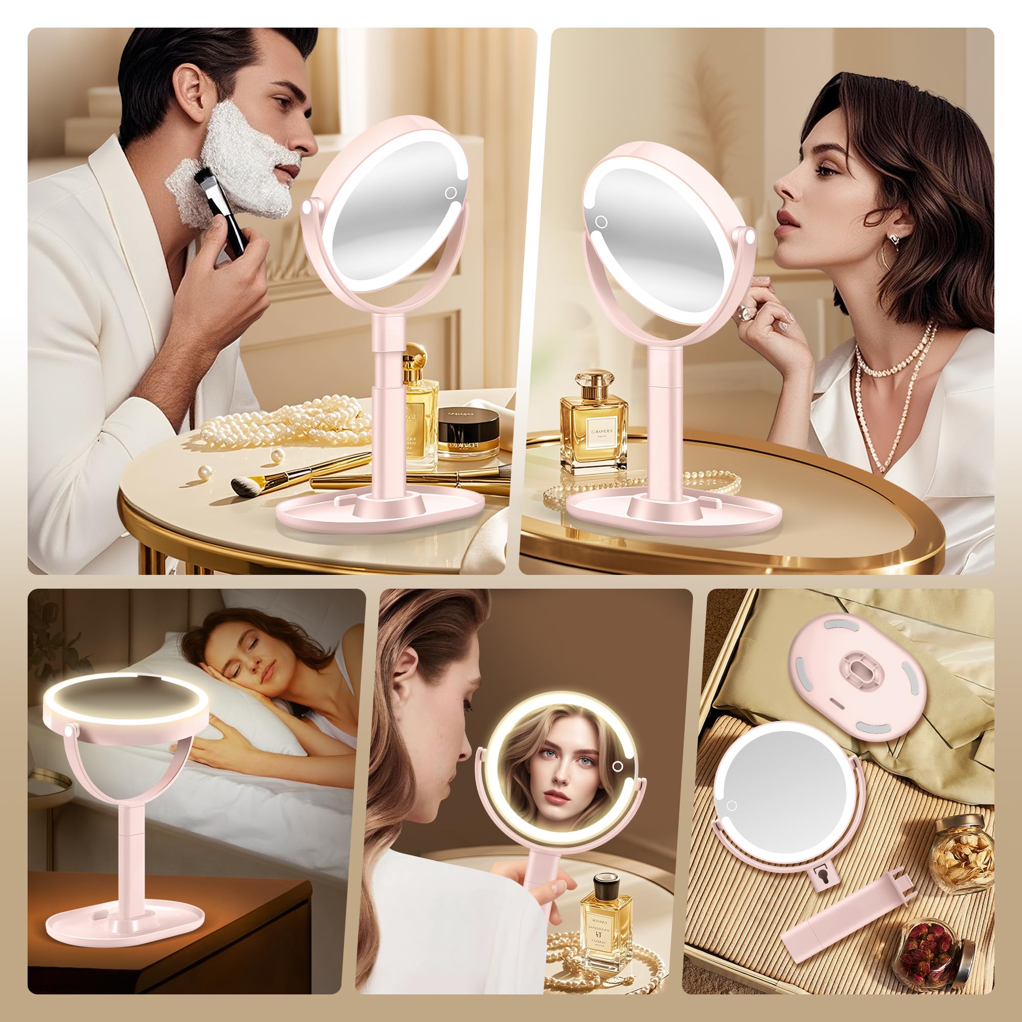 MOMOKUBA Specchio per il trucco con luci, specchio ingranditore a doppia faccia 1x/20x con luce, luci ricaricabili a 3 colori e luminosità regolabile, rotazione a 360° rimovibile (rosa)