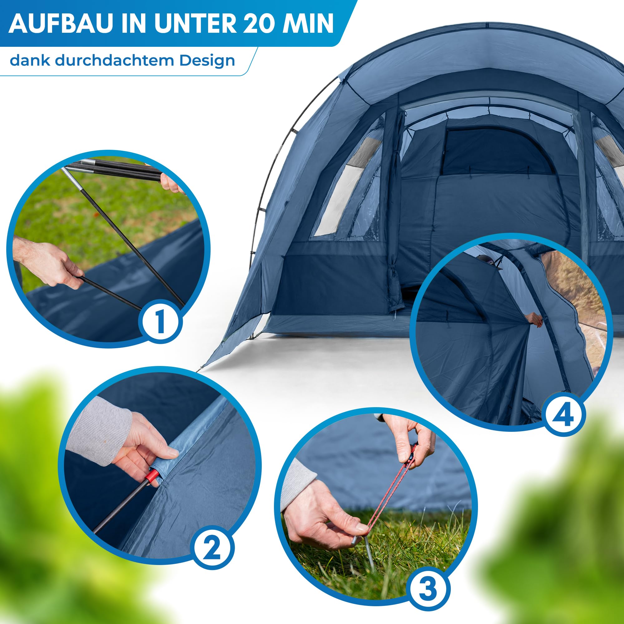 NORDMUT® Tente tunnel 4 ou 6 personnes coupe-vent avec auvent et sol - Tente familiale stable avec hauteur debout - Tente de camping imperméable avec une excellente circulation de l'air