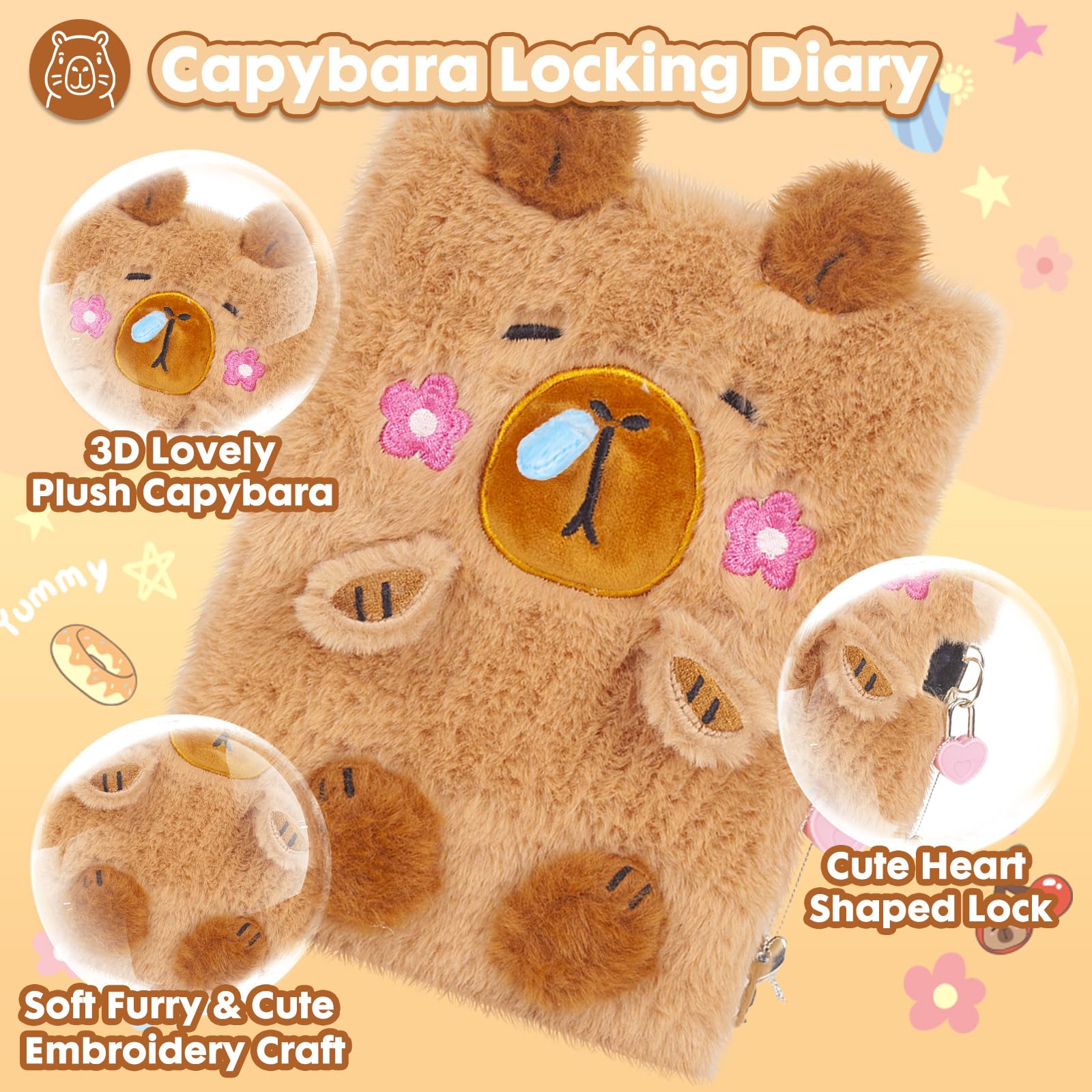 Capibara Plush Diary with Lock and Keys,160 Pagine Diario per Bambini con Chiusura Segreta, Taccuino di Peluche per Scrivere e Disegnare, Regali per Bambini
