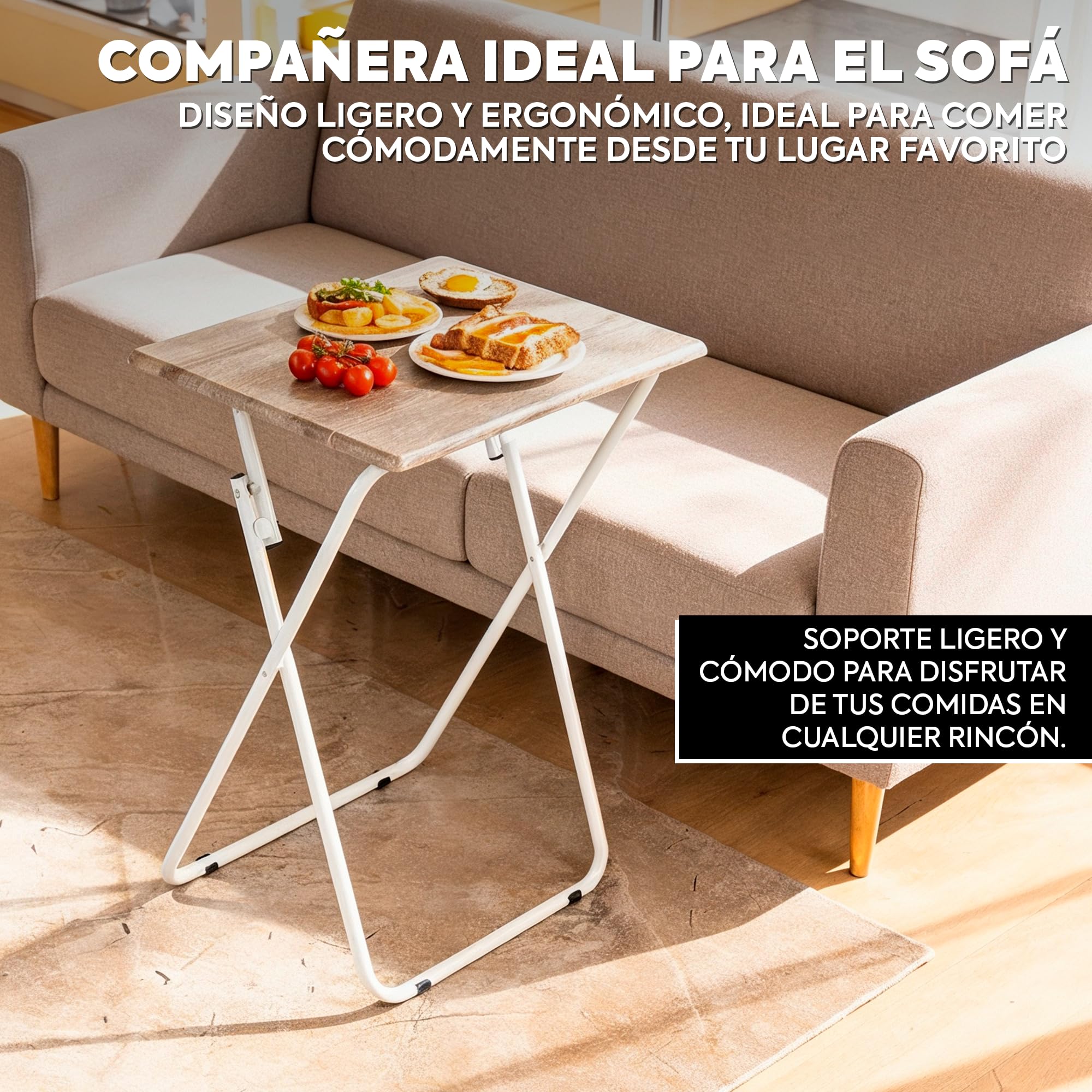 HERSIG Mesa Auxiliar Plegable Multifuncional para Interior con Estructura Resistente de Acero y Montaje Instantáneo. Color Marmol Marrón, Diseño Portátil para Ahorro de Espacio 48x38x66 CM