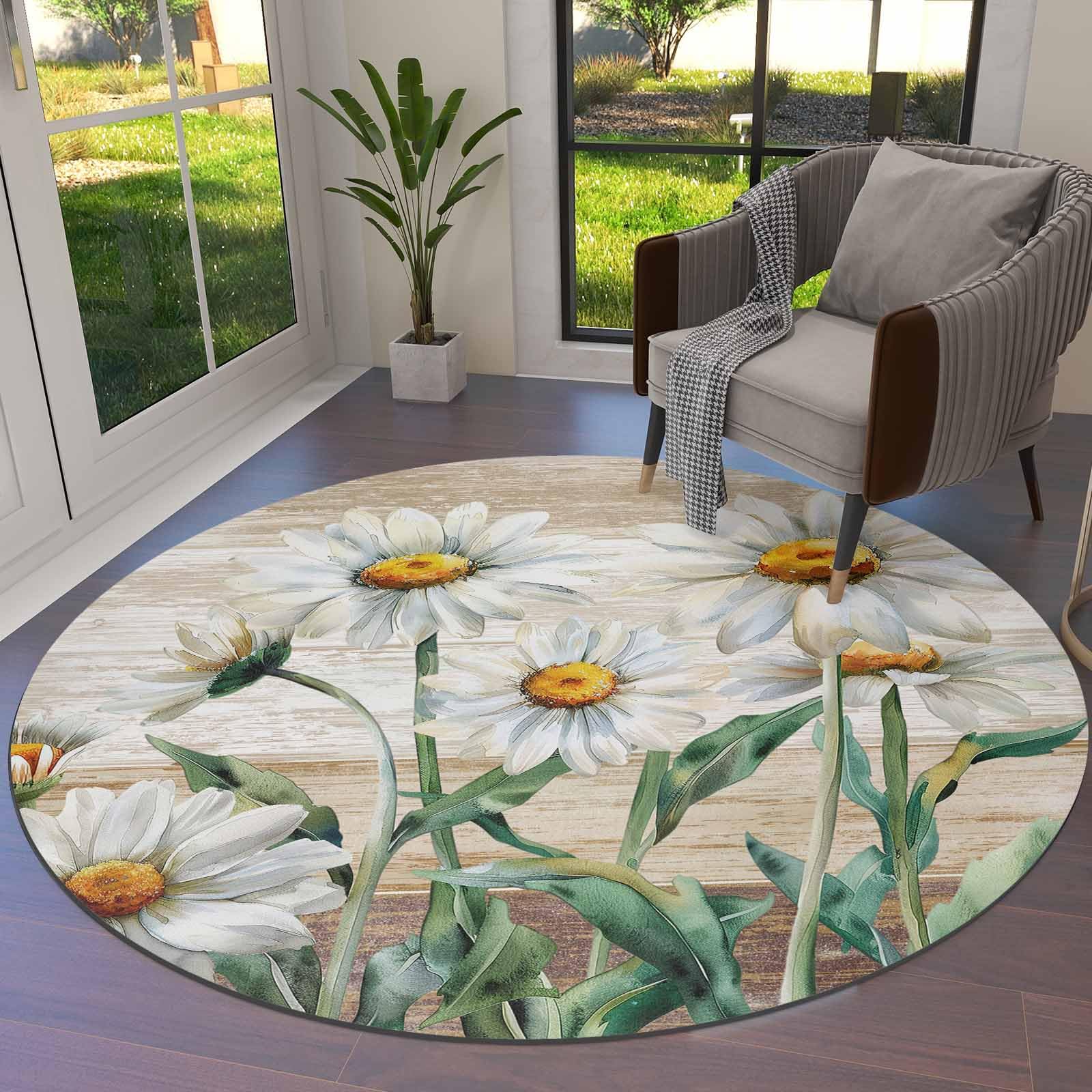 Daisy Flower Beige Round Area Rug 3ft,Washable Outdoor Indoor Carpet Runner Rug for Bedroom,Kitchen,Bathroom,Living/Dining/Laundry Room,Office,Area+