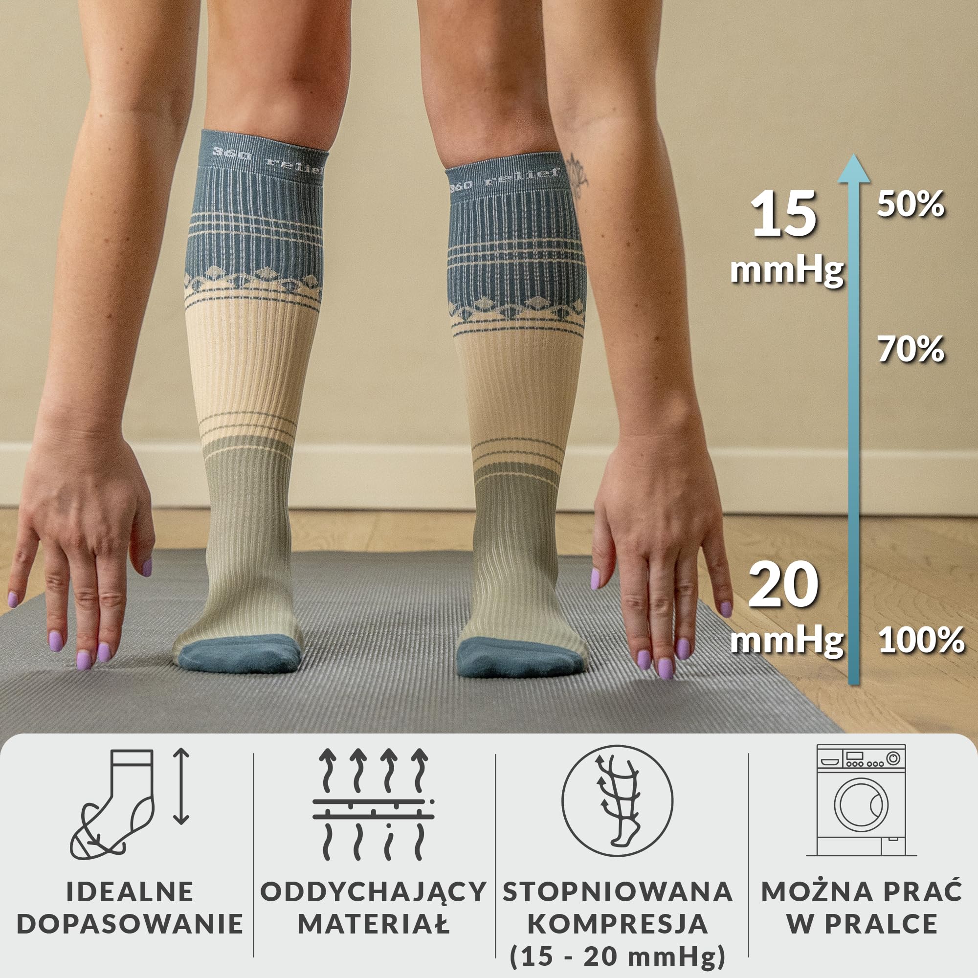 360 RELIEF Sportowe Skarpety Uciskowe Dla Kobiet Mężczyzn Skarpety Lotnicze | 15-20mmhg Klasy 1 Pończochy Uciskowe do Biegania, Gry w Piłkę Nożną i Latania Skarpety Kompresyjne