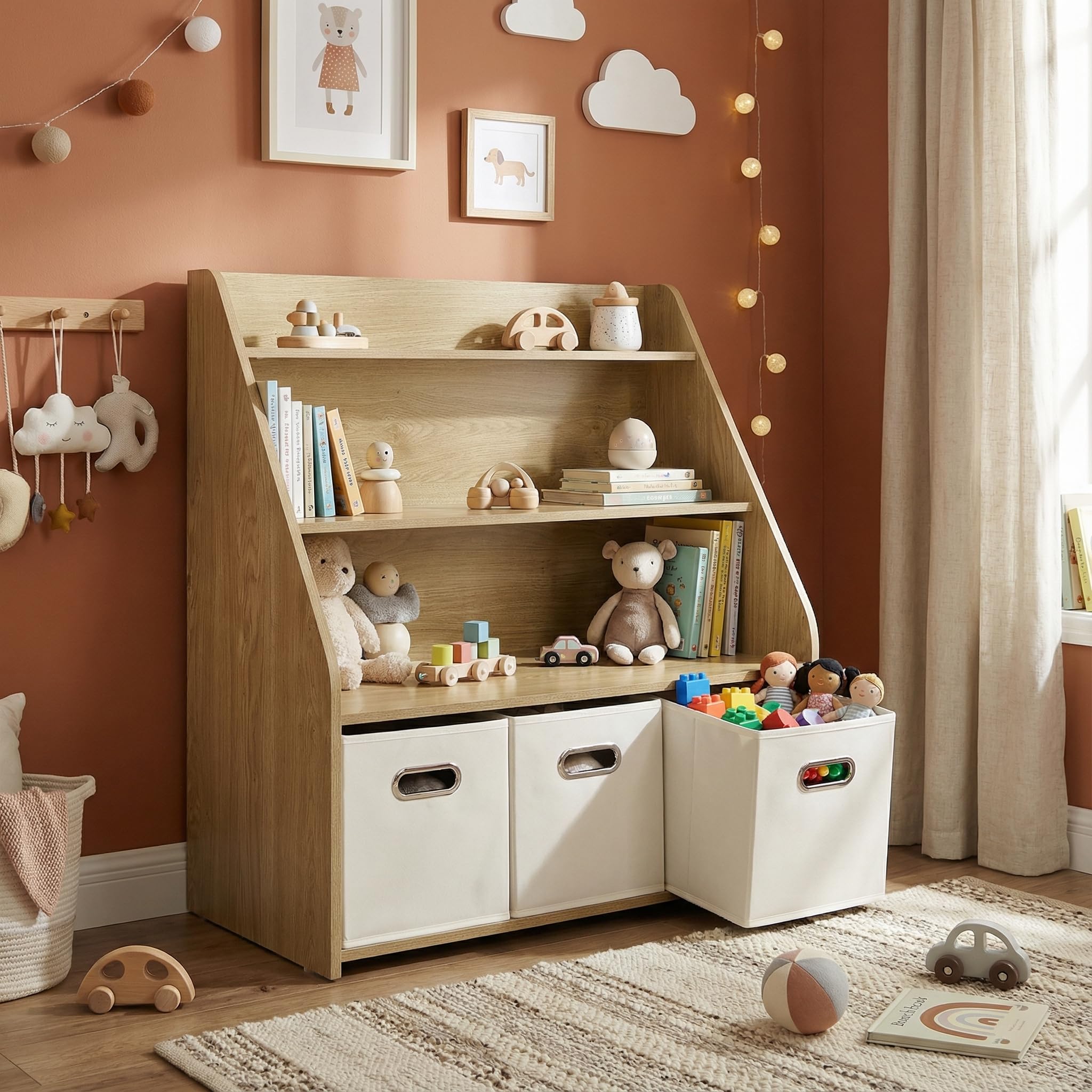 EFURDEN Estantería de Madera para niños con 3 cajones extraíbles, estantería para Juguetes y Libros 3 en 1 para habitación Infantil y Sala de Juegos, estantería de Almacenamiento Montessori