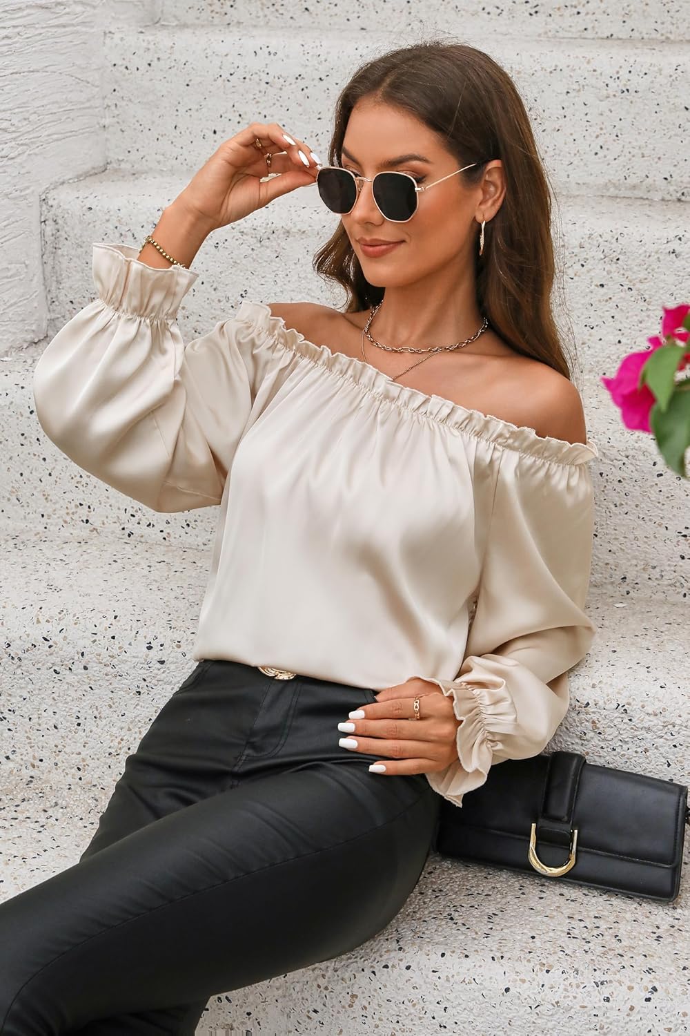 Womens Off Shoulder Satin Silk Ruffle Blouses Long Sleeve Shirt Casual Loose Tops - Image 8
