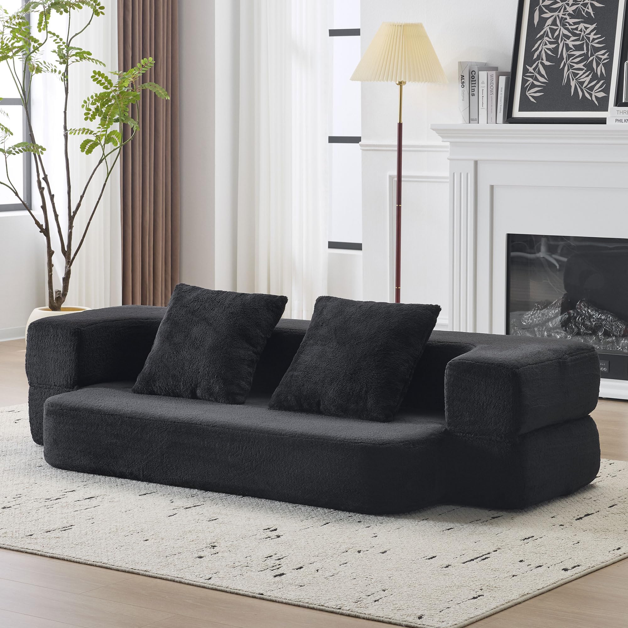 Sofá multifuncional con 2 cojines, sofá convertible moderno, sofá de 2 plazas de suelo, ahorro de espacio, espuma de alta resistencia, para sala de estar y dormitorio, no requiere montaje, negro