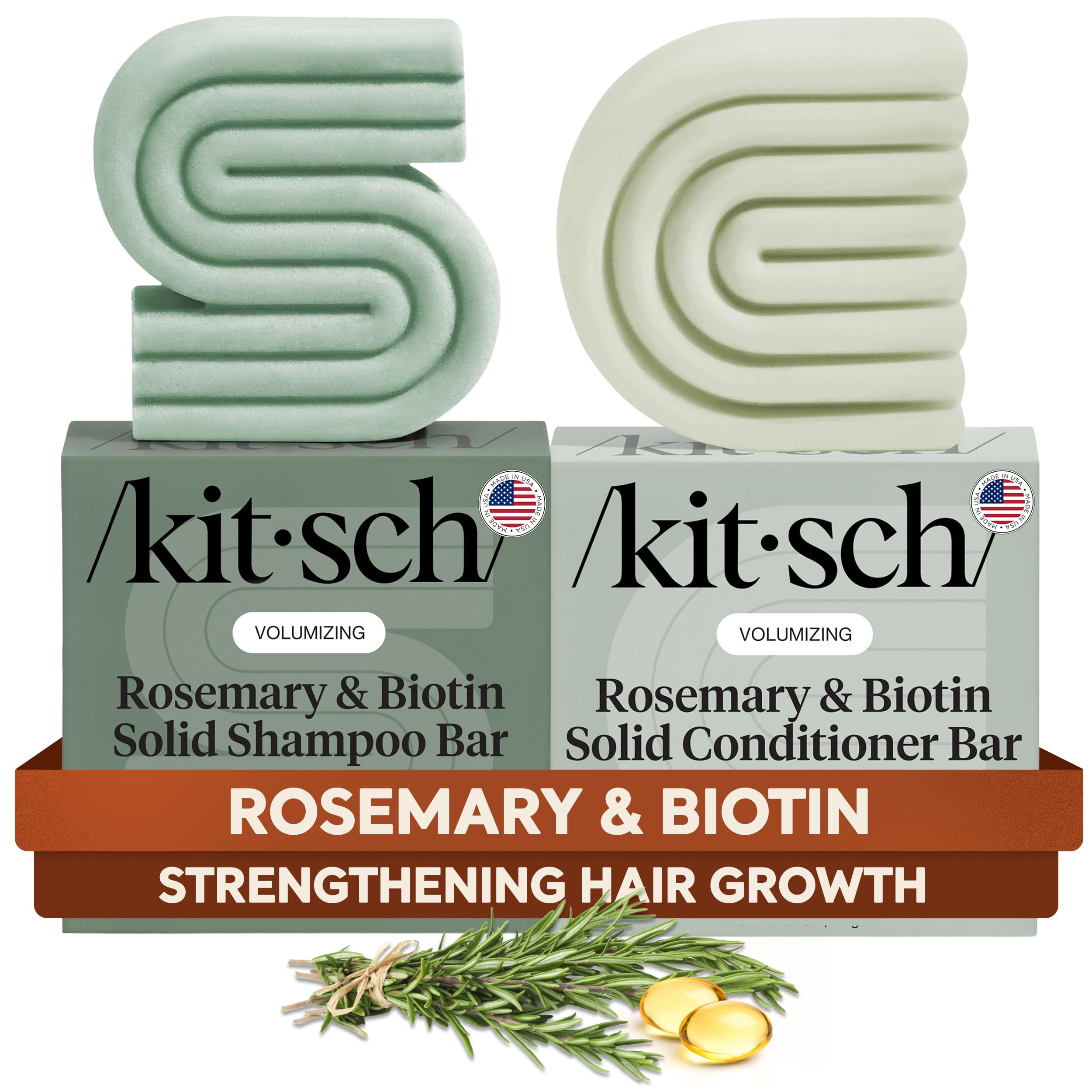 Kitsch Rosemary & Biotin Shampoo and Conditioner Set for Hair Growth - Strengthening, Thickening & Volumizing Shampoo and Conditioner Bar - Paraben, Sulfate & Silicone Free - Made in USA - 2 pack