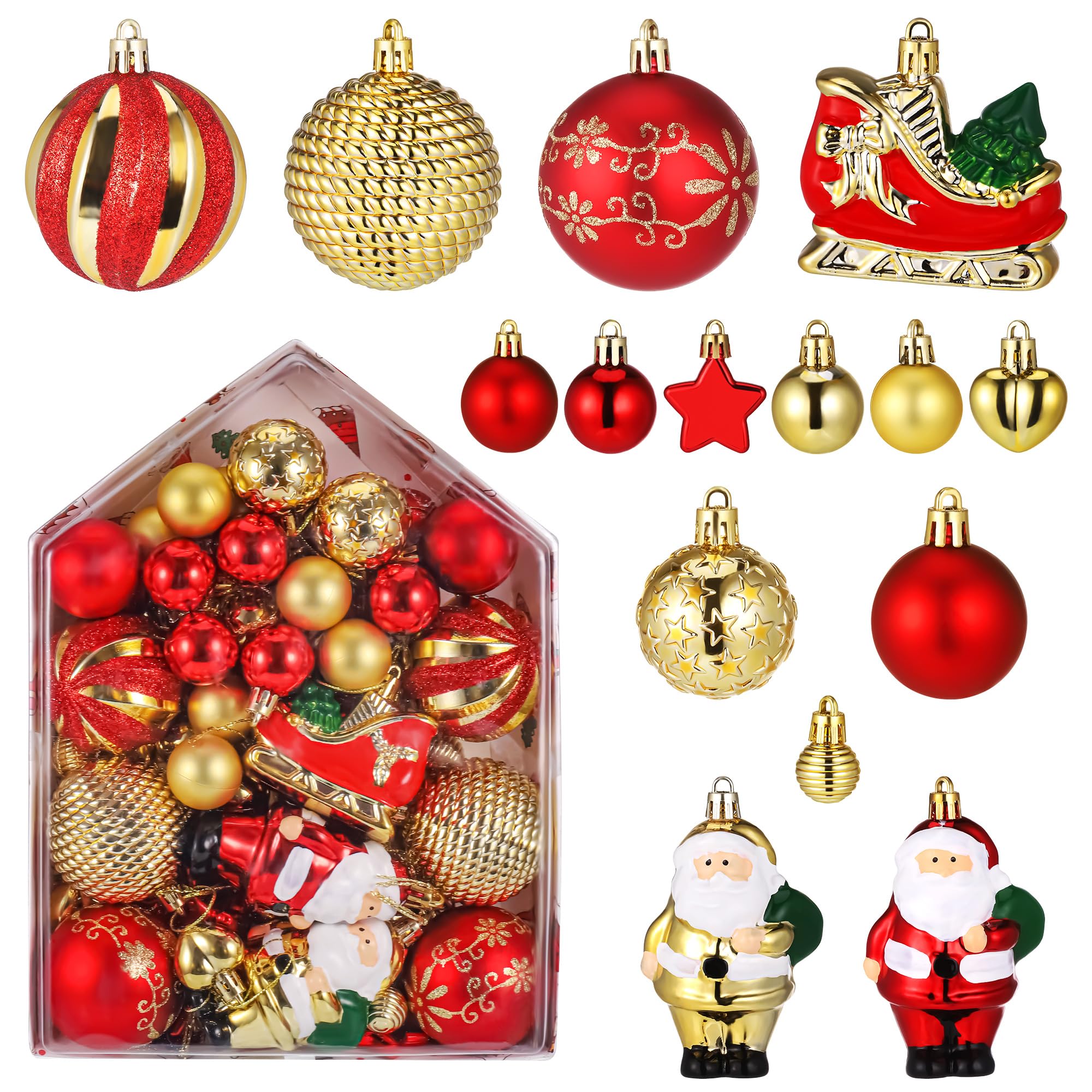 Hejo 72 Pcs Adornos Arbol Navidad, Bolas de Navidad Rojo y Dorado, Decoración de Navidad para El Arbol, Juego de Bolas de árbol de Navidad, Resistente Bola de Navidad a Prueba de Rotura (2cm-9cm)