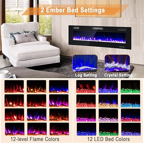 Miniatura 3 de COSTWAY Chimenea eléctrica ultrafina de 60 pulgadas, 750 W/1500 W, chimenea eléctrica empotrada y montada en la pared con control remoto,