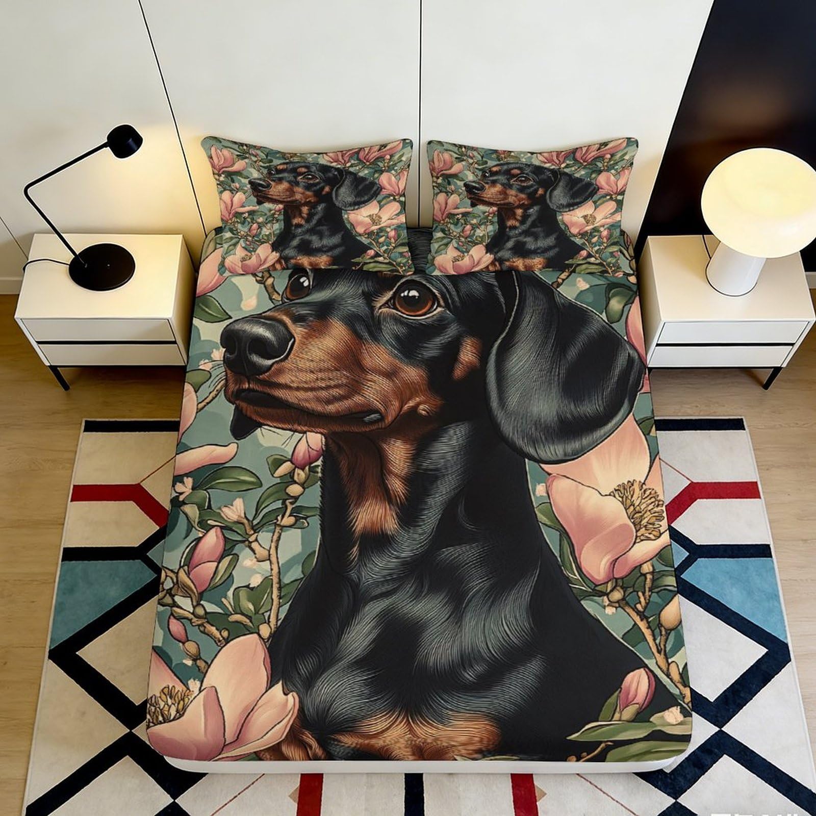 Pnayamiorkfel Style-5 3D Printed Dachshund Floral Fitted Sheet Microfiber Soft Bed Cover For Bedroom Guest Room Decor, Easy Care 90X200x25cm