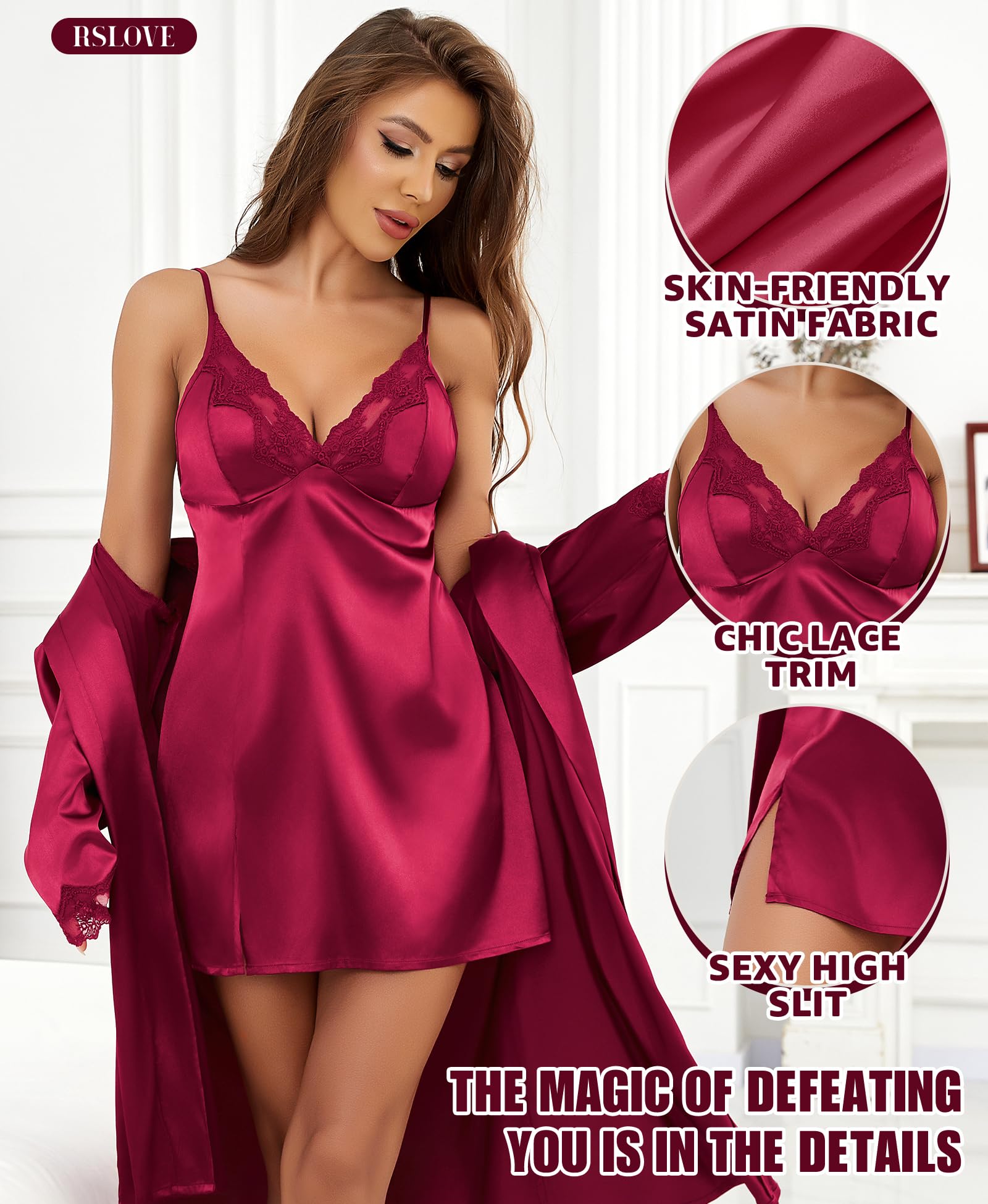 Conjunto de Camisola y Bata de satén: camisón de lencería de Encaje con Bata a Juego, Ropa de Dormir Sexy para Dama de Honor o Luna de Miel