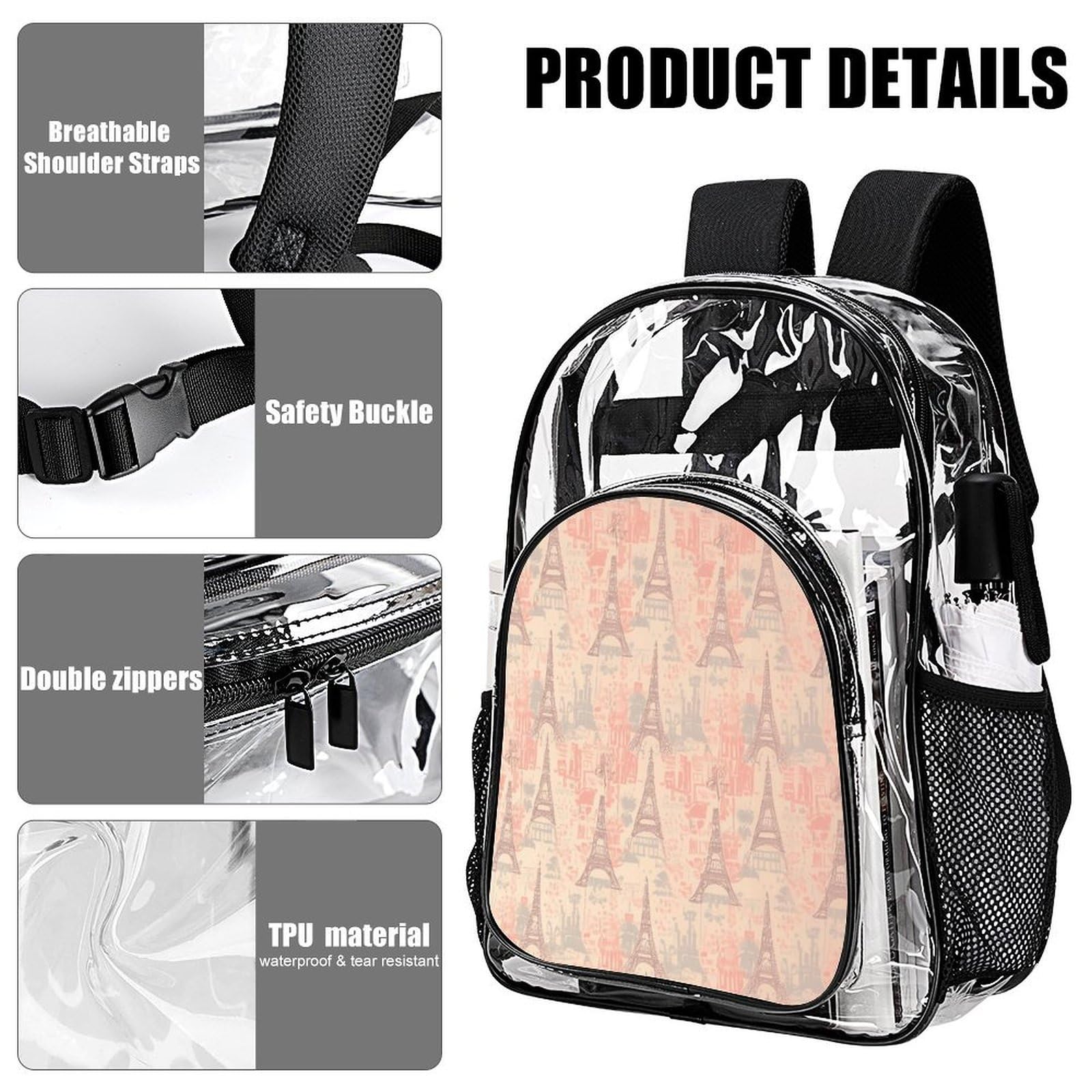 Rucksack mit Eiffelturm-Muster, Frankreich, transparent, transparent, aus PVC, für Sicherheit, Arbeit, Reisen, Stadion