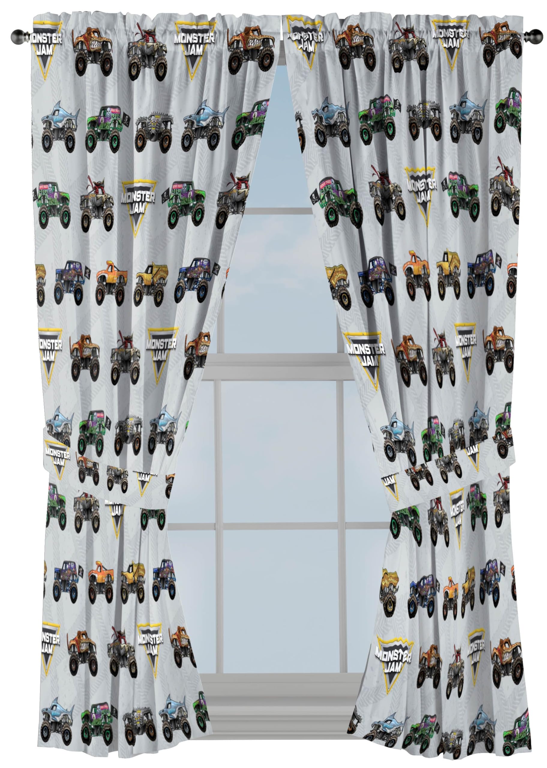 Jay Franco Window Curtains for Kids Bedroom 4-Piece Drape Set with 2 Tiebacks, Grey - Monster Jam, 42" W x 63" L (Pack of 2)