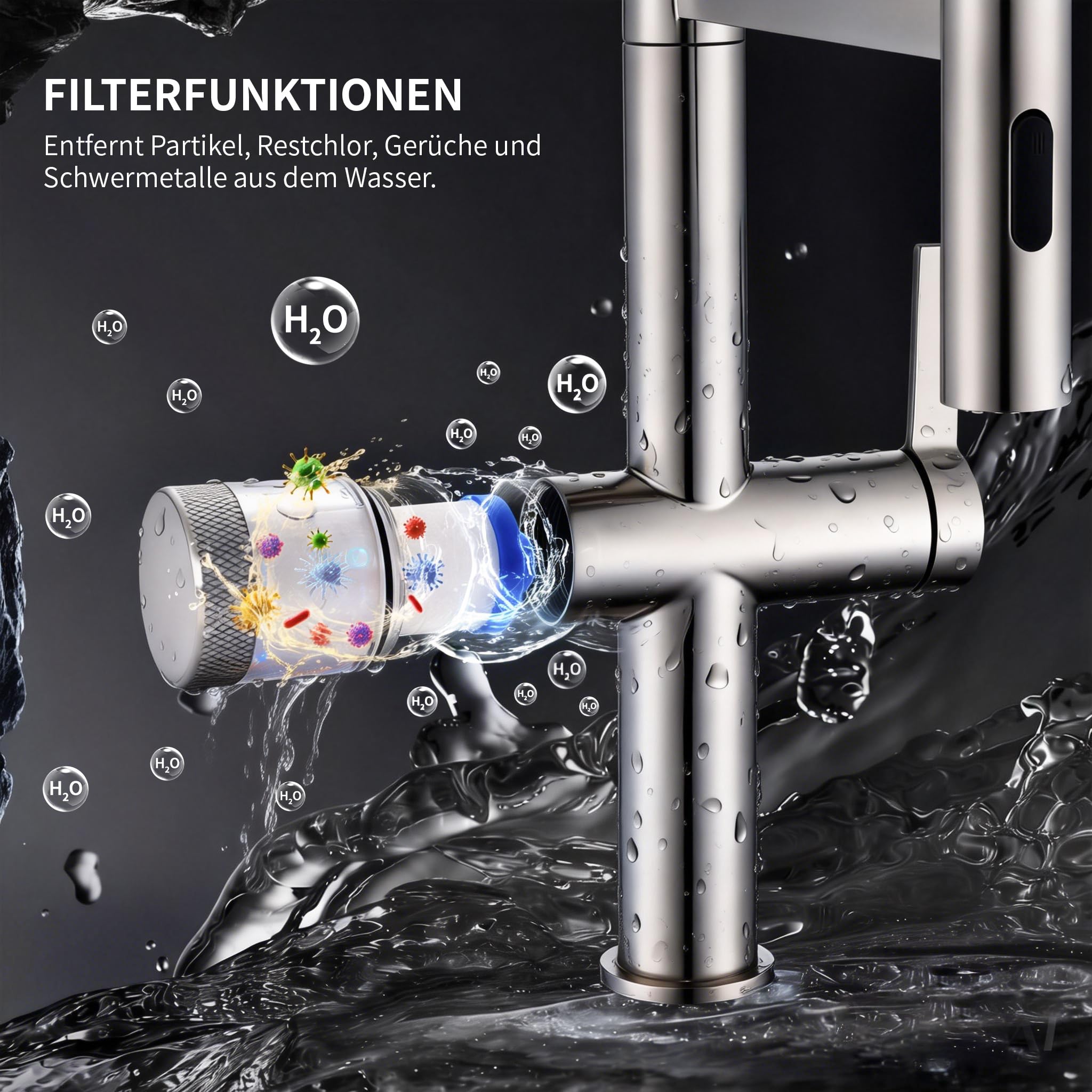 HOMELODY Wasserhahn Küche mit Filter, Hoher Bogen Küchenarmatur mit Ausziehbarer Brause, 360°Drehbar 2 Sprühfunktionen, Magnetrückstellung Mischbatterie Spültischarmatur Küchenarmaturen Chrom/Schwarz