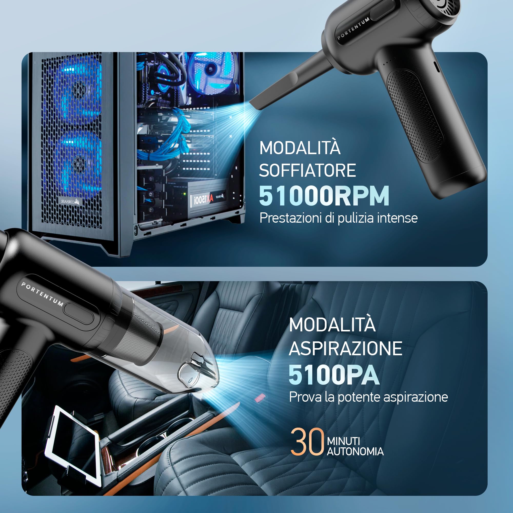 PORTENTUM® 2 in 1 Aspirapolvere Senza Fili et Aria Compressa - Batteria, 3 Velocità e Luce a LED - Aspirapolvere auto, Tastiera, PC, Casa, Auto
