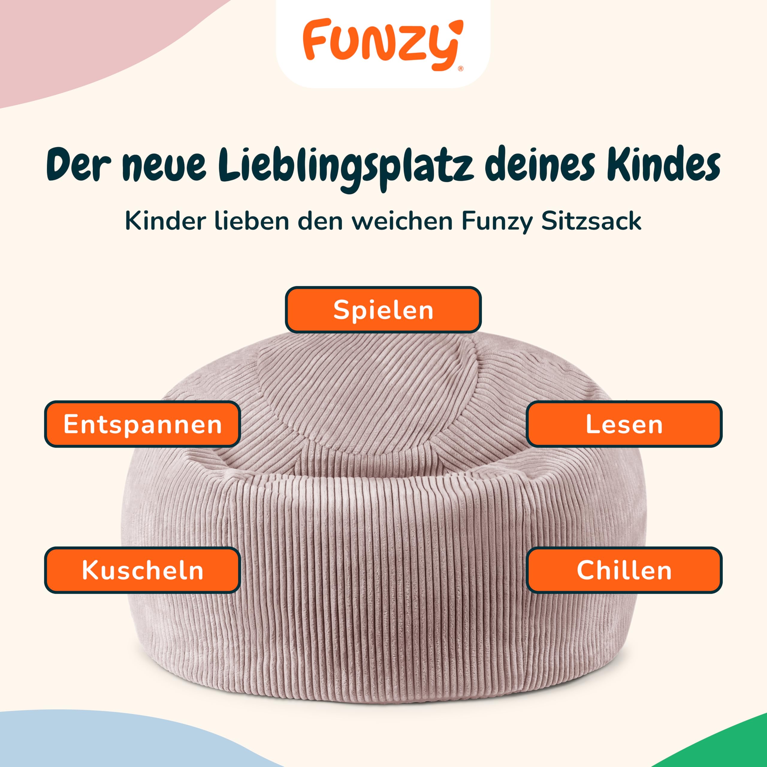 Funzy Sitzsack für Kinder aus Cord mit Füllung aus Schaumstoff, Kindersitzsack für Mädchen und Jungen aus hochwertigen Materialien, Oeko-TEX 100 Zertifiziert mit 3 Jahre Garantie, Krischblüte Rose