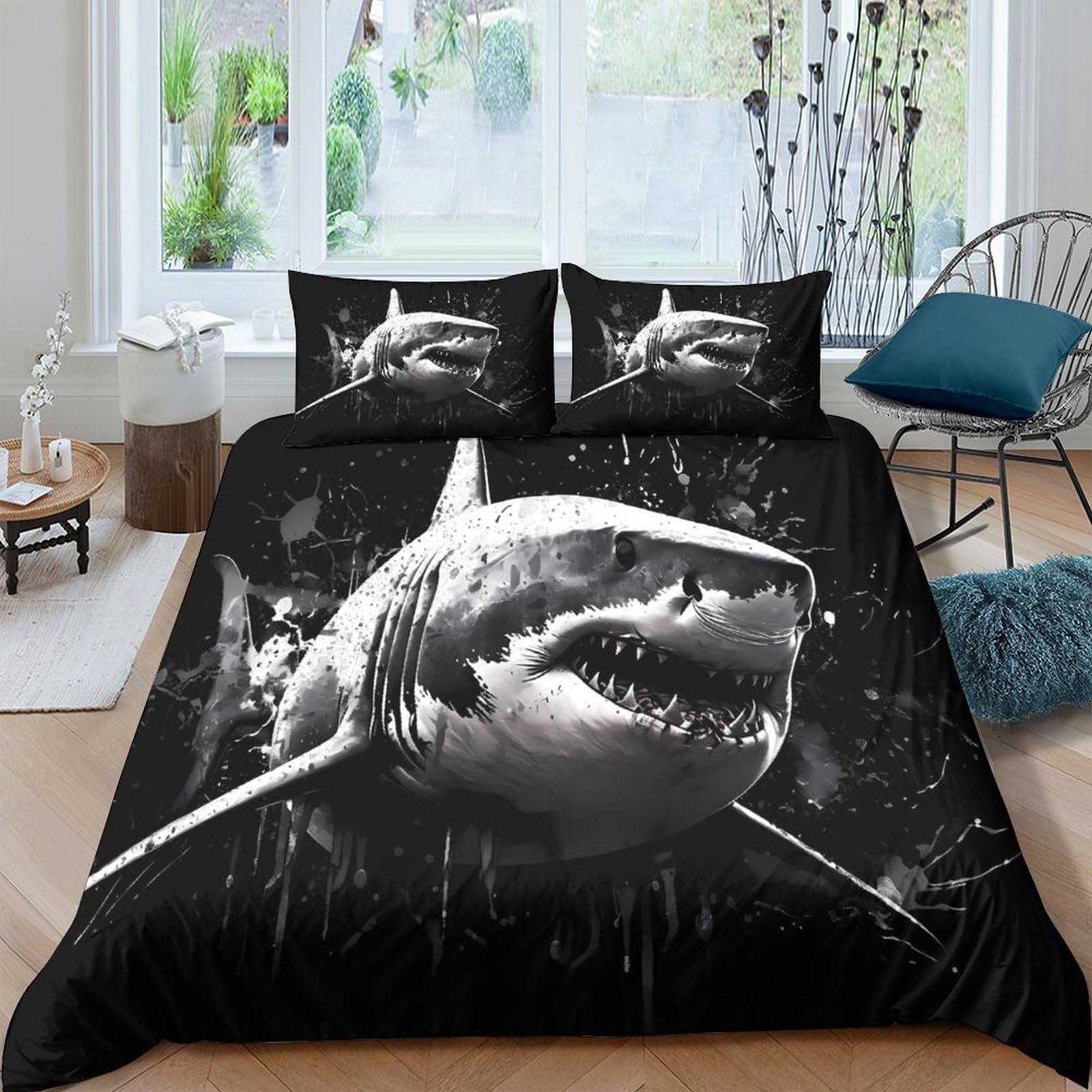 Ctjqhvkz Style-9 3D Printed Shark Ocean Fitted Sheet Microfiber Soft Black White Sea Predator Bed Cover For Bedroom Guest Room Single（135X200cm）