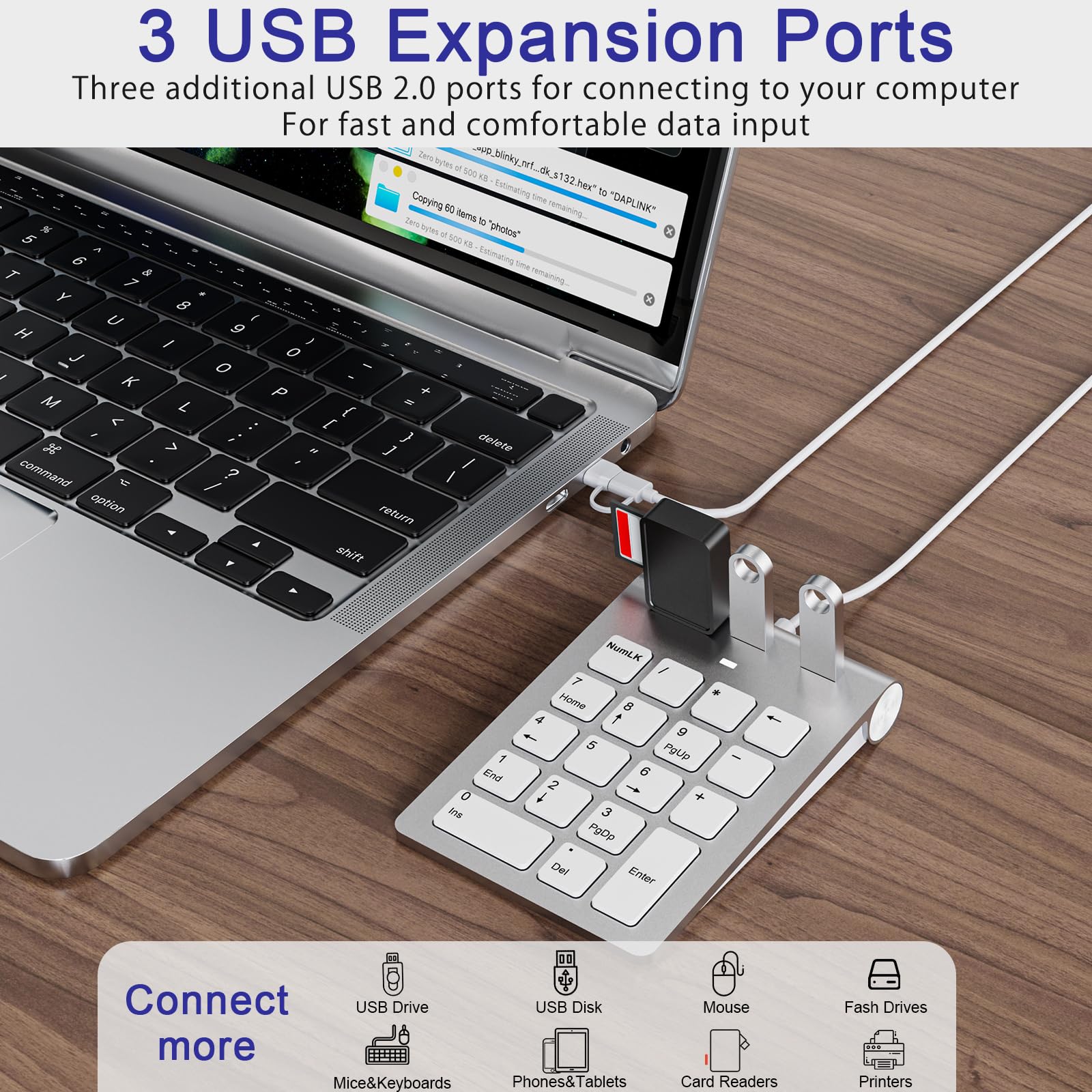 Pavé numérique filaire USB C/USB A, mini pavé numérique ergonomique avec 3 ports USB 2.0, pavé numérique 18 touches, pavé numérique de calcul de bureau pour ordinateur portable, ordinateur de bureau,