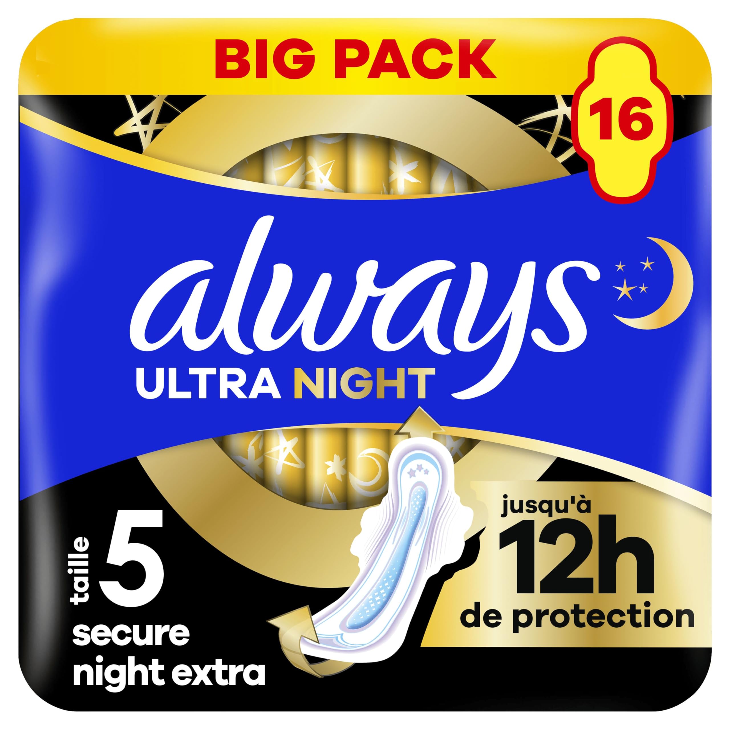 Always Ultra Serviettes Menstruelles Secure Night Extra (taille 5) Avec Ailettes 16 Serviettes, Super Absorbantes Et Ultra-Fines, Pour Règles