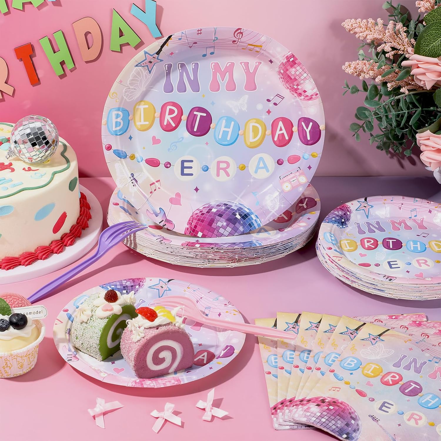 OBUSATT 96 Pcs In My Birthday Era Music Friendship Birthday Party Supplies Pink Singer Themed Disposable Tableware Set Serves 24