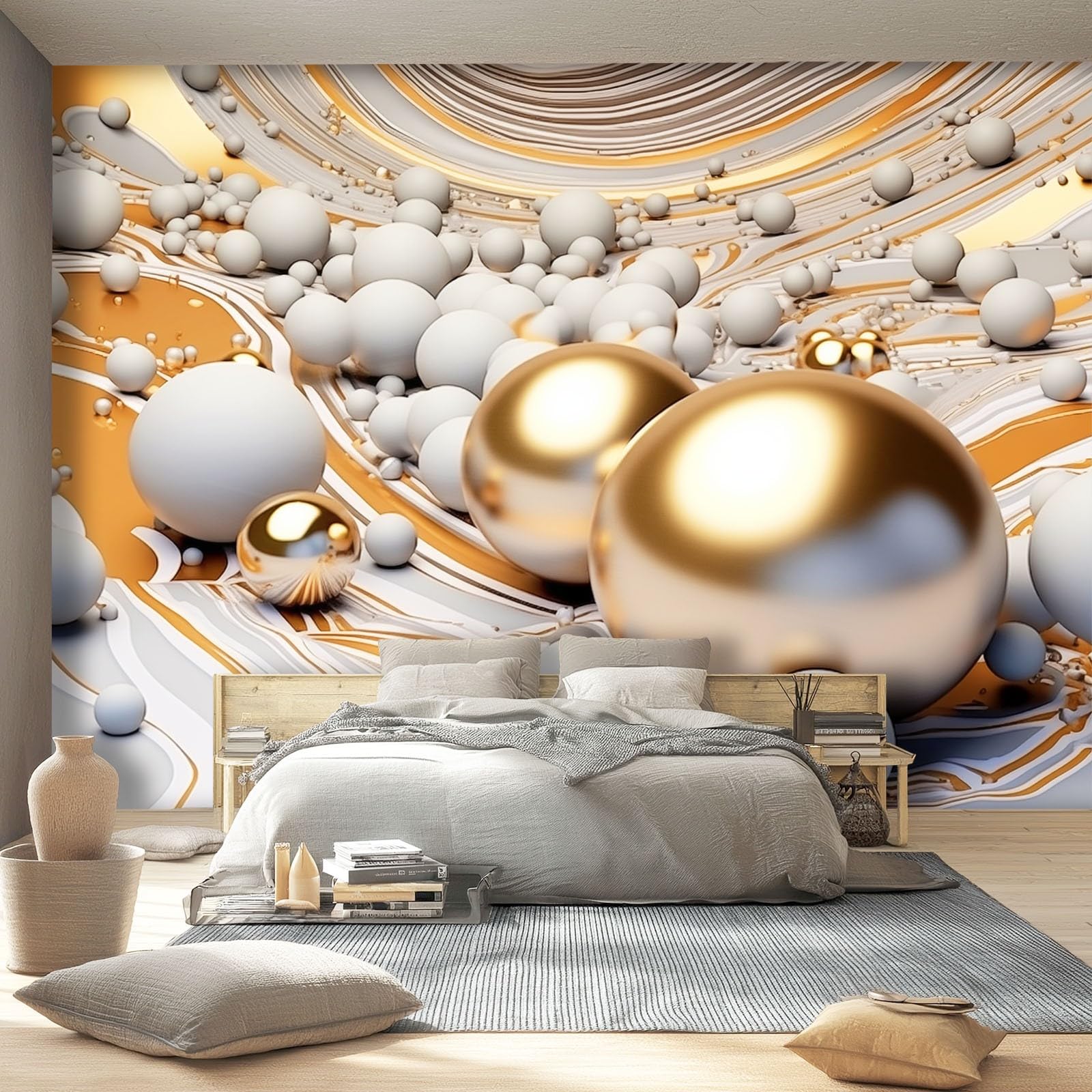 Tapeta z włókniny, 400 x 280 cm, do dekoracji ścian – abstrakcyjna, geometryczna kula 3D, tapeta do salonu, pokoju dziecięcego, tło TV, złoto-srebrna, modny design, fototapeta