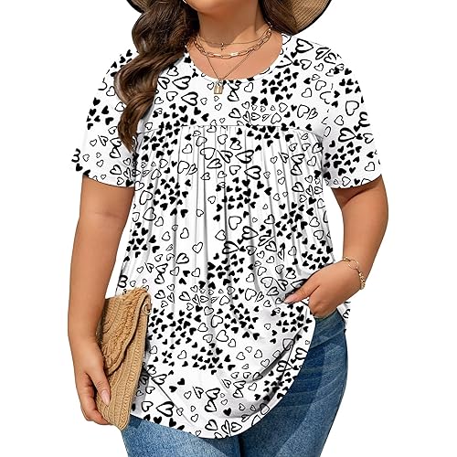 Womens Plus Size Tops Tunic Short Sleeve Round Neck Shirts Pleated Dressy Casual Soft Blouse 1X-5X