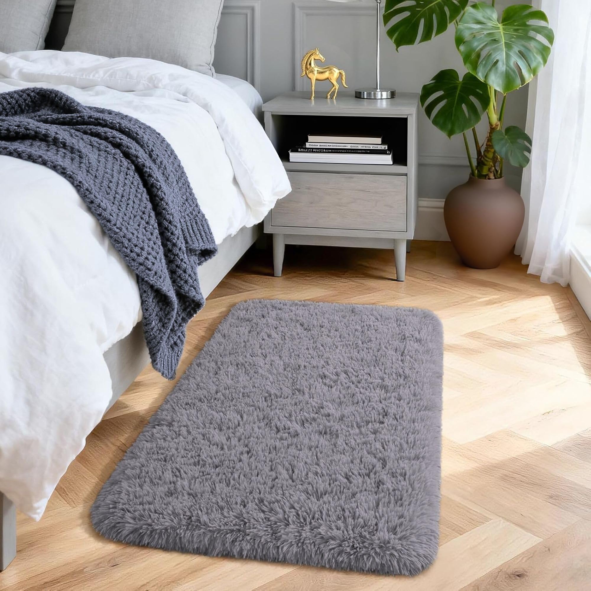 Aspire Homeware Rugs Living Room - Grey Area Rugs for Bedroom Anti Slip - Modern Super Soft Thick Pile Small Fluffy Shaggy Rug Non Shedding, 50cm x 80 cm