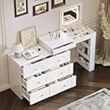 KZBCYDLM Vanity Desk with Mirror and Lights, Makeup Vanity Table with Flip-Top Tabletop and Storage 7 Drawers, 9 Compartments, 3 Shelves, 3 Color Modes Adjustable Makeup Table for Bedroom,White