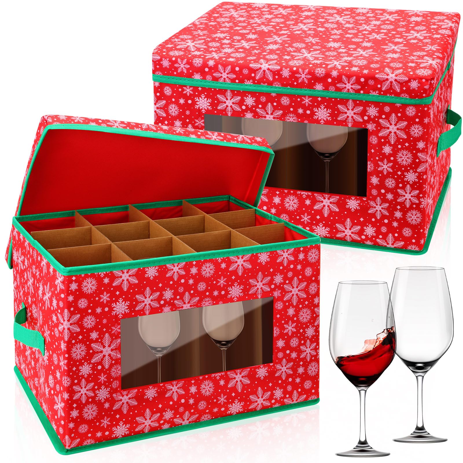 2 Pcs Christmas Wine Glass Storage Box with Dividers Stemware Storage Cases Holiday Storage Chest Containers Organizer with Lid Handles for Glassware Moving Protection (Snowflake Style)